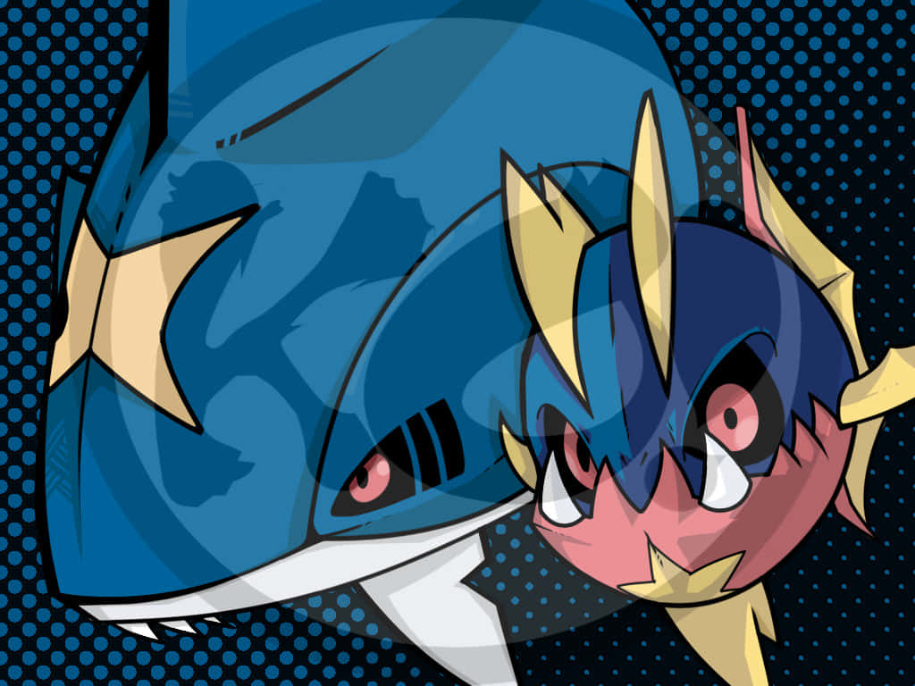 Pokemon Aesthetic 桌布 壁紙 — 一隻兇猛的藍金色動漫風格鯊魚生物，擁有鋒利的牙齒和發光的紅色眼睛，在圓點背景前強烈凝視。