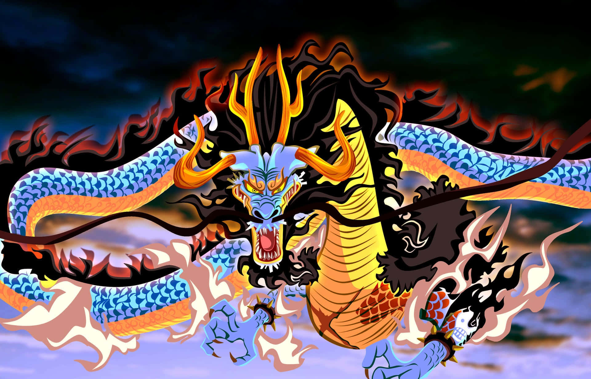 kaido 桌布 壁紙 — 一隻兇猛的藍金色龍，擁有火焰般的鬃毛和翅膀，在黑暗的暴風雨天空中咆哮。