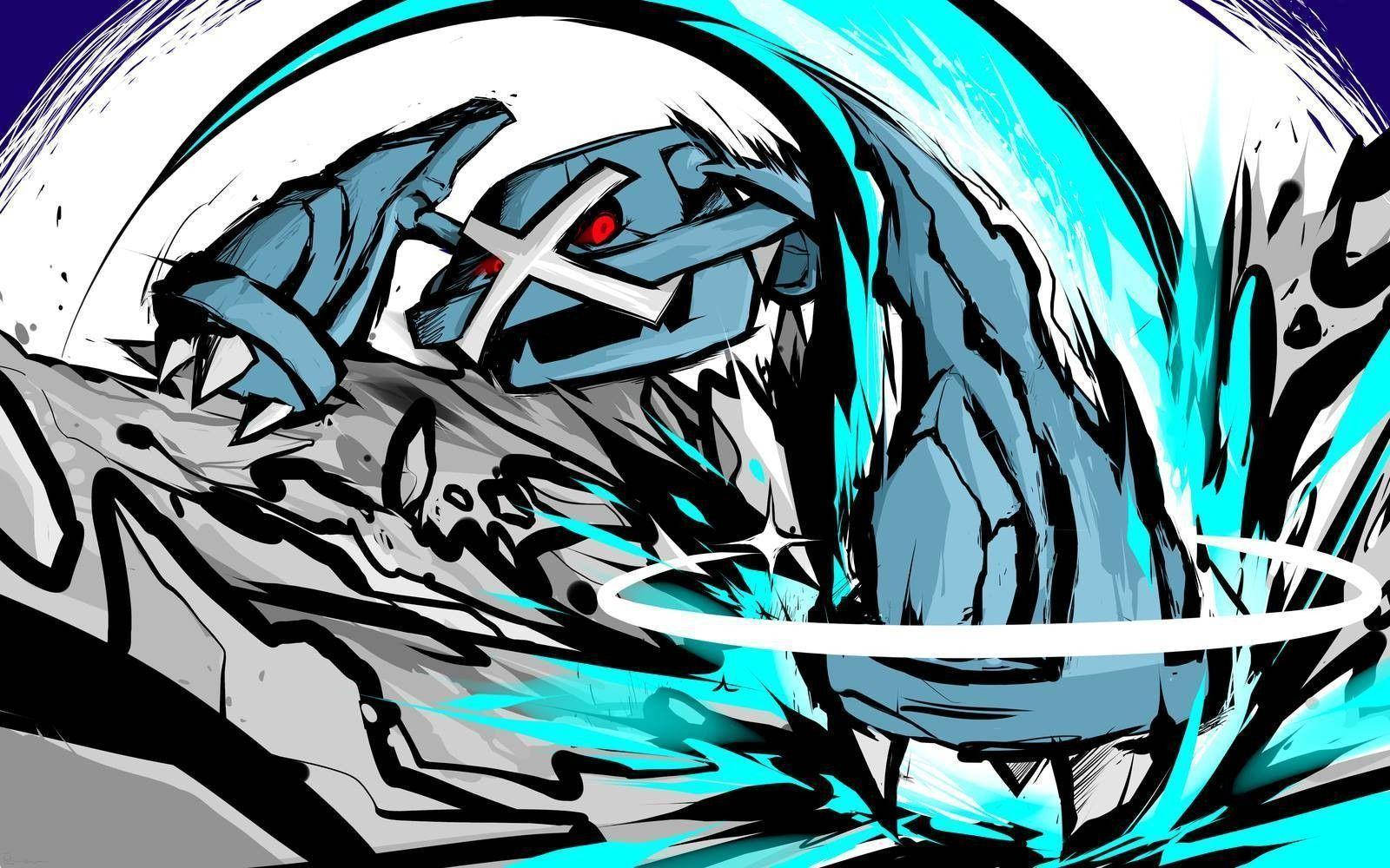 Metagross 桌布 壁紙 — 一隻兇猛的藍黑動漫怪物，紅色的眼睛，在旋轉的青色能量和鋸齒狀岩石中咆哮。
