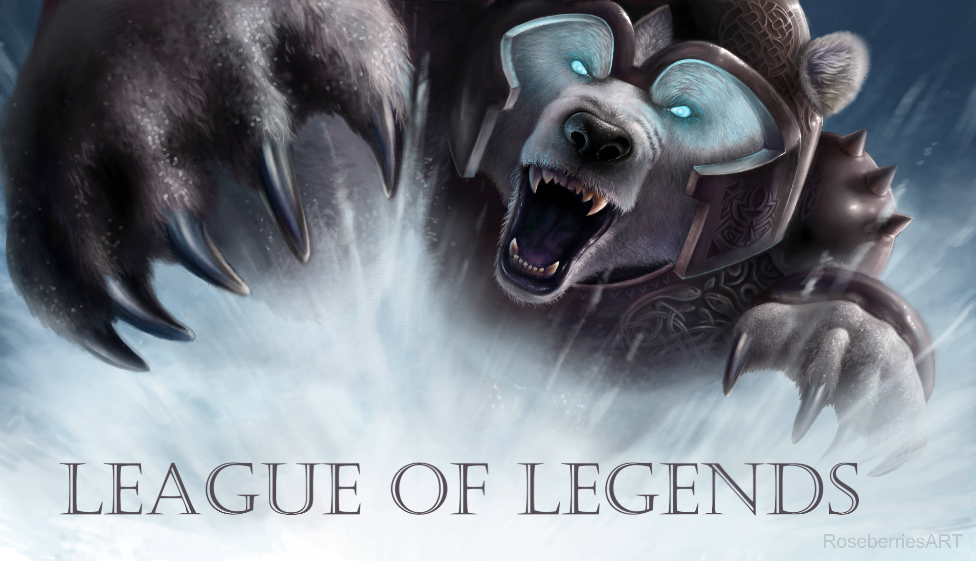 Lol 桌布 壁紙 — 一隻兇猛的裝甲熊，擁有發光的藍色眼睛，在League of Legends的宣傳藝術作品中，於旋轉的雪中咆哮。
