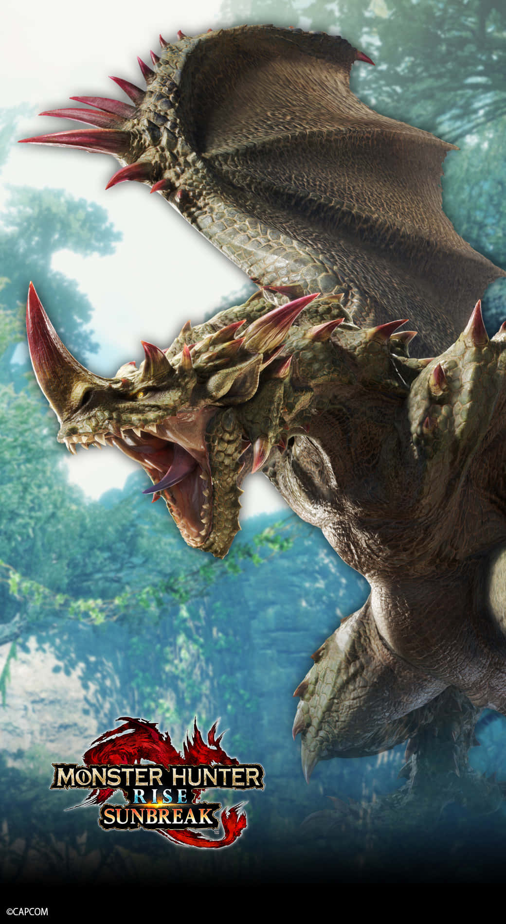 Monster Hunter 3 桌布 壁紙 — 一隻兇猛的裝甲龍，長有尖刺翅膀和張開的下顎，在迷霧森林背景中咆哮。
