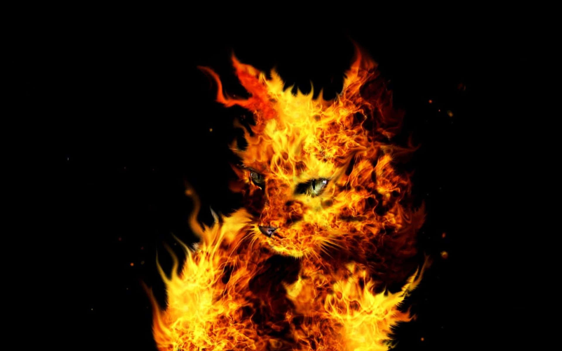 Flame 桌布 壁紙 — 一隻兇猛的貓科生物被咆哮的橙色和黃色火焰吞噬，背景為純黑色。