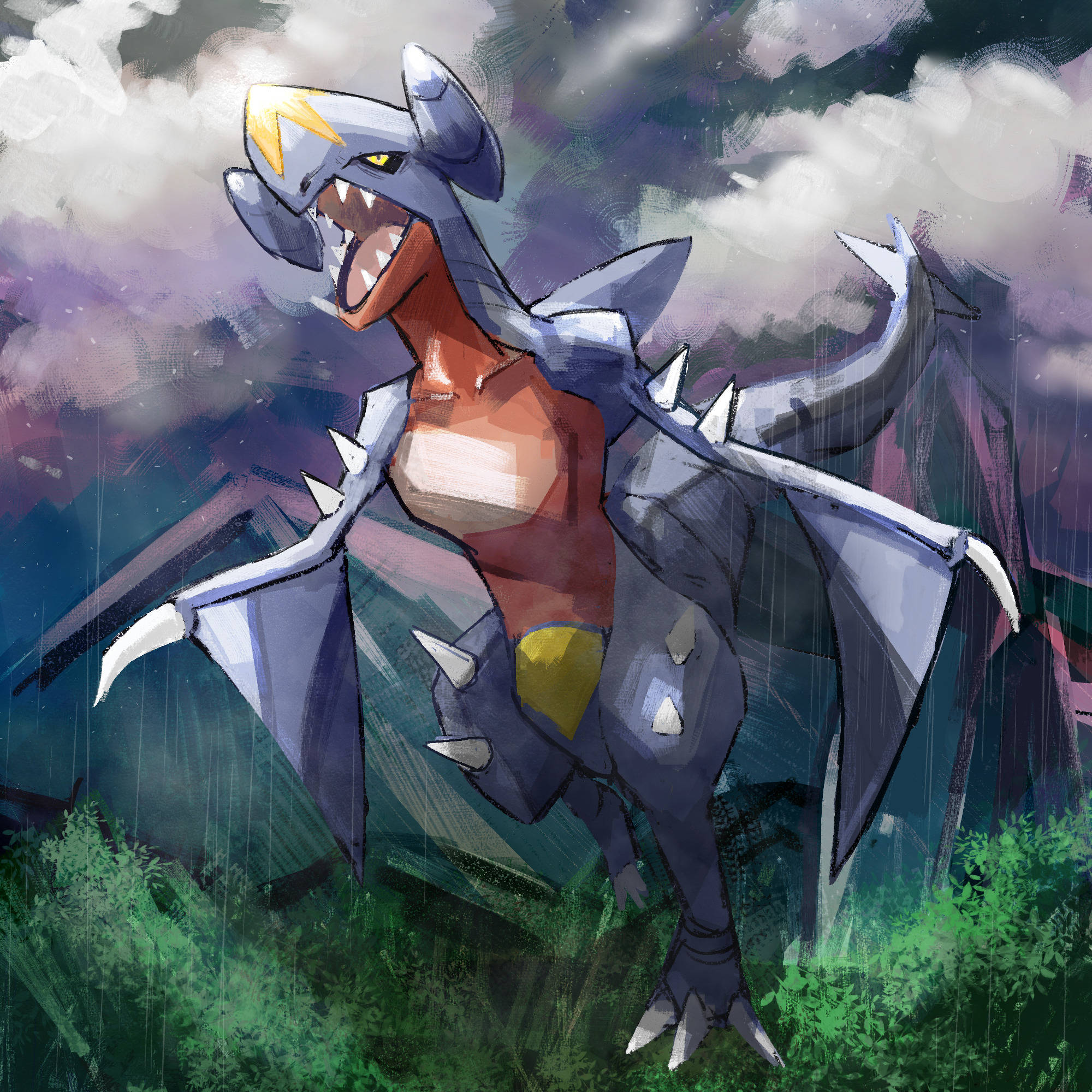 Garchomp 桌布 壁紙 — 一隻兇猛的金屬龍，長有尖刺翅膀，在綠色樹葉上方對著暴風雨的紫色天空咆哮。
