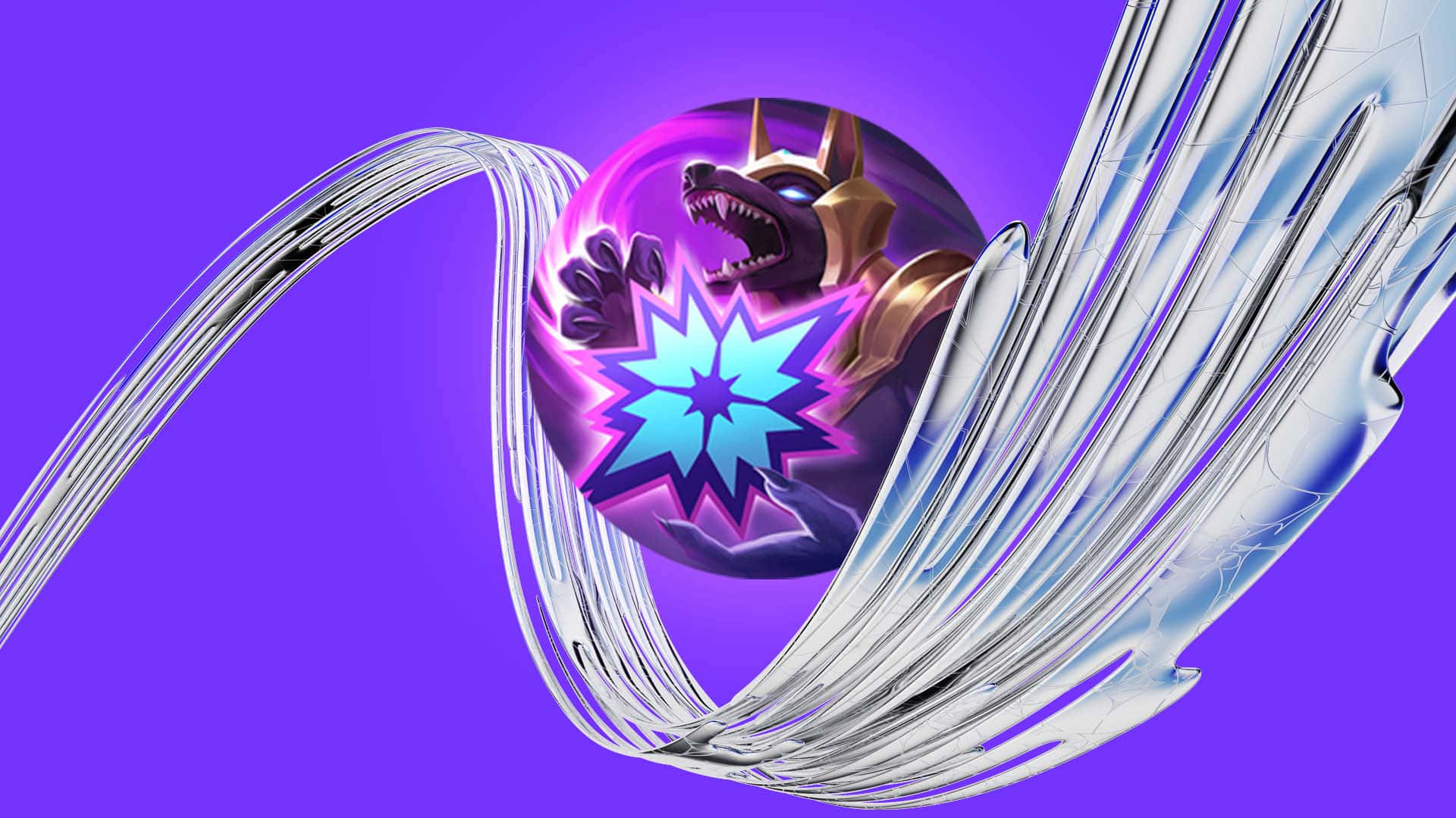 Twitch 1080 桌布 壁紙 — 一隻兇猛的金色犬科生物從一個發光的球體中咆哮，周圍環繞著旋轉的銀色能量，背景是充滿活力的紫色。