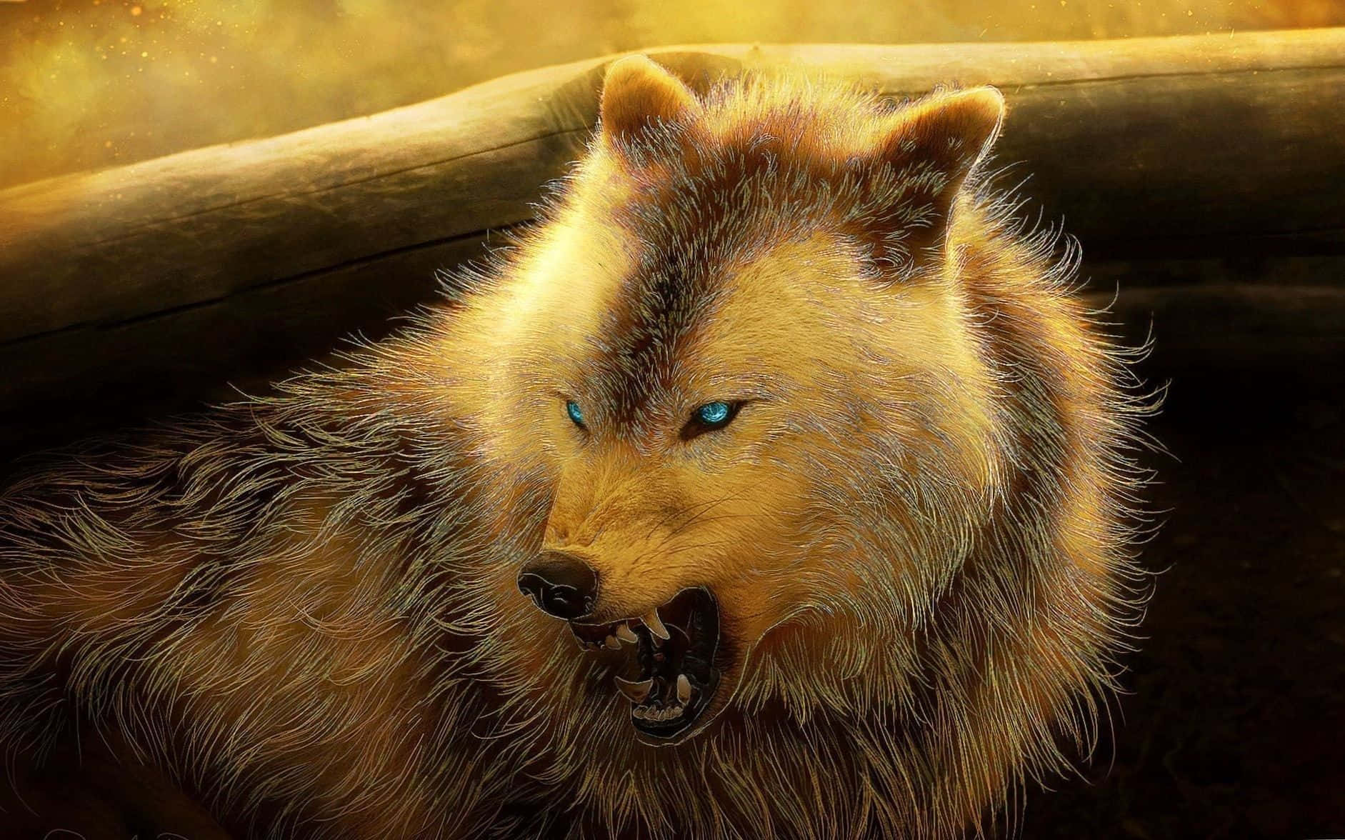Angry Wolf 桌布 壁紙 — 一隻兇猛的金色狼，擁有發光的藍色眼睛，在溫暖發光的背景下兇狠地咆哮。