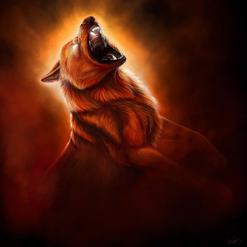 Angry Wolf 桌布 壁紙 — 一隻兇猛的金色狼向上嚎叫，背景是發光的橙色和黑暗，帶有戲劇性的燈光。