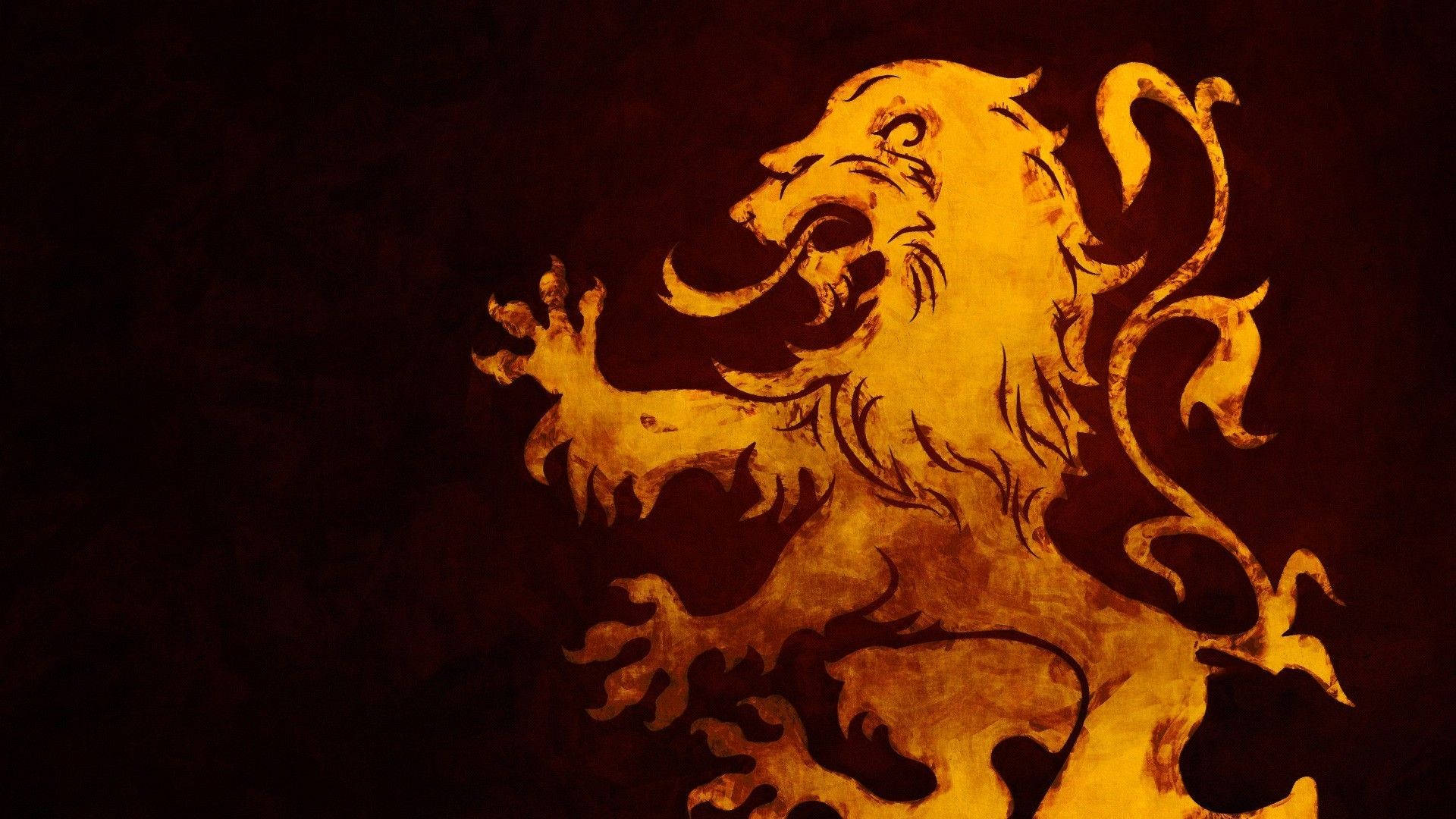 House Lannister 桌布 壁紙 — 一隻兇猛的金色獅子，帶有華麗的裝飾，在深色紋理背景上脫穎而出。