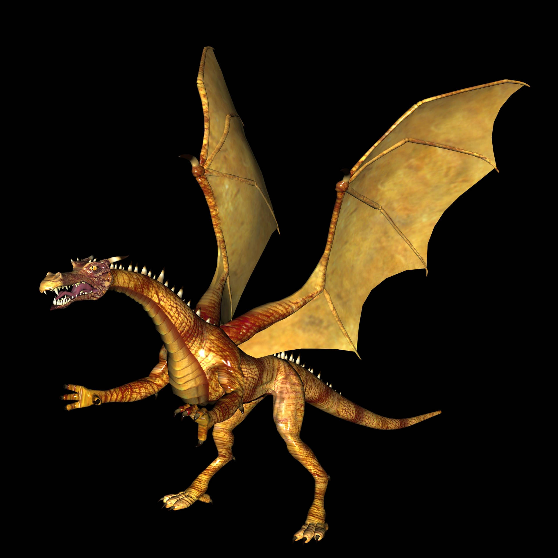 Gold Dragon 桌布 壁紙 — 一隻兇猛的金色龍，展開翅膀，露出尖牙，站在黑色背景前。