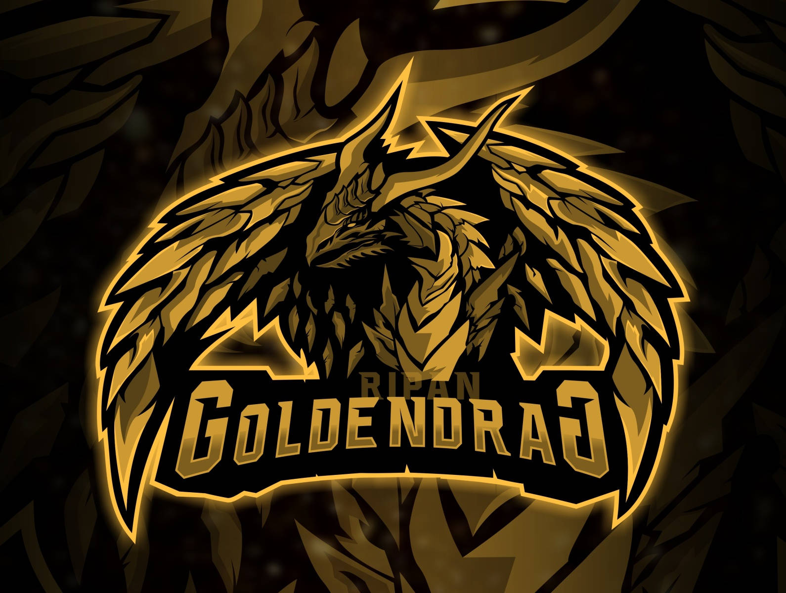 Gold Dragon 桌布 壁紙 — 一隻兇猛的金色龍展開翅膀，在黑暗背景上發光，並以粗體風格文字框住。