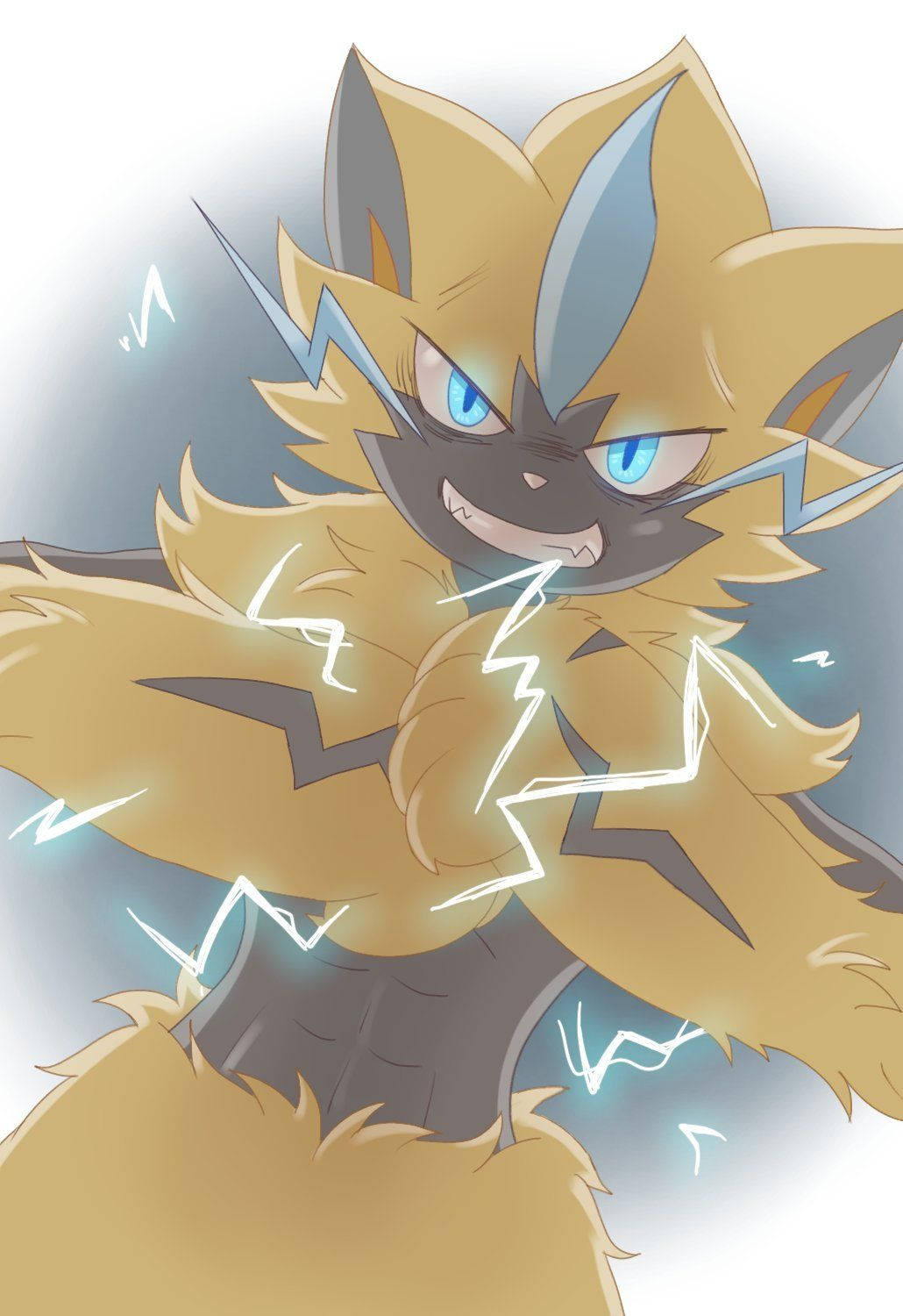 Zeraora 桌布 壁紙 — 一隻兇猛的閃電主題狐狸寶可夢，擁有發光的藍色眼睛和身體周圍噼啪作響的電能。
