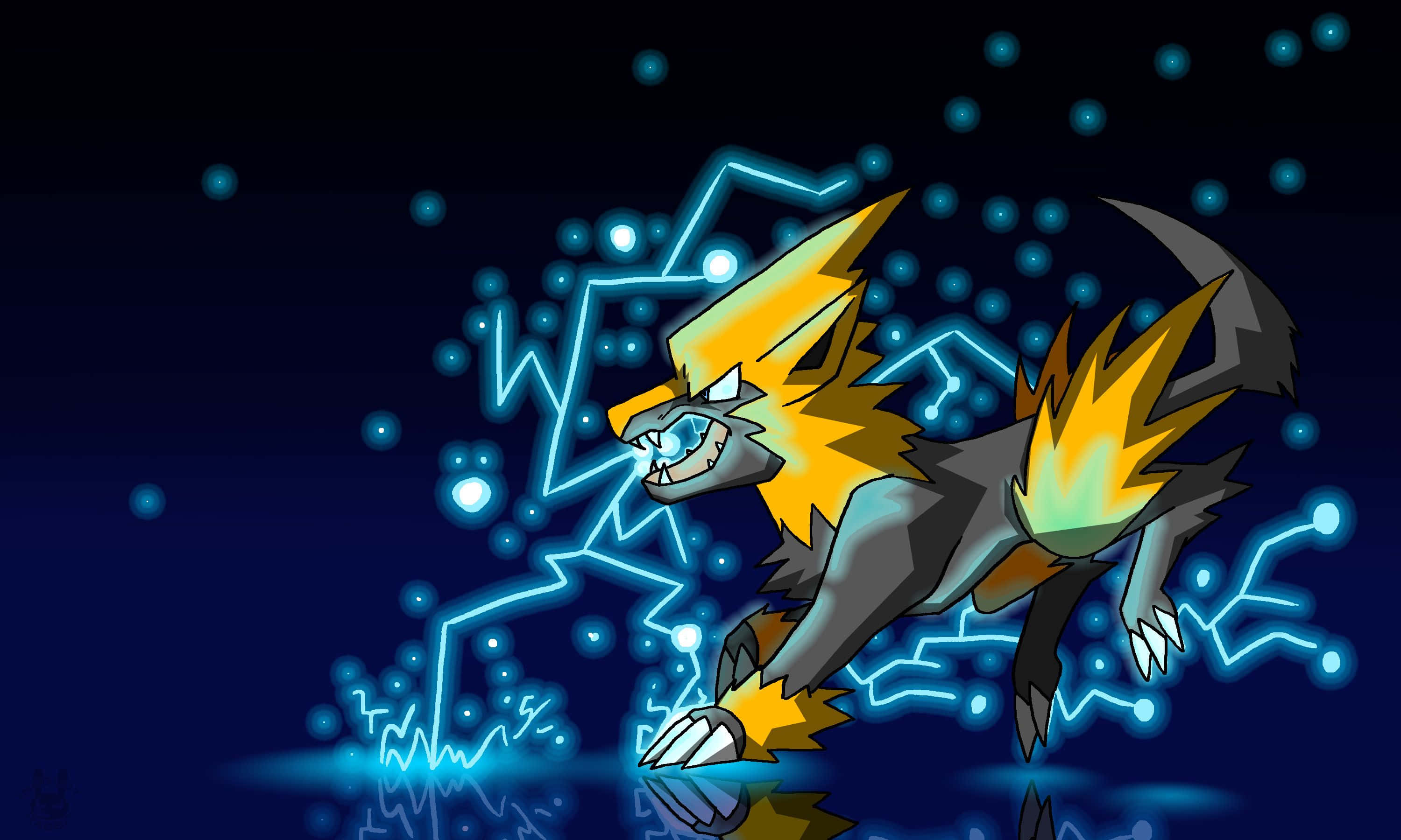 All Mega Pokemon 桌布 壁紙 — 一隻兇猛的閃電主題狼，擁有發光的黃色皮毛和藍色電火花，在深藍色星空背景下動態跳躍。