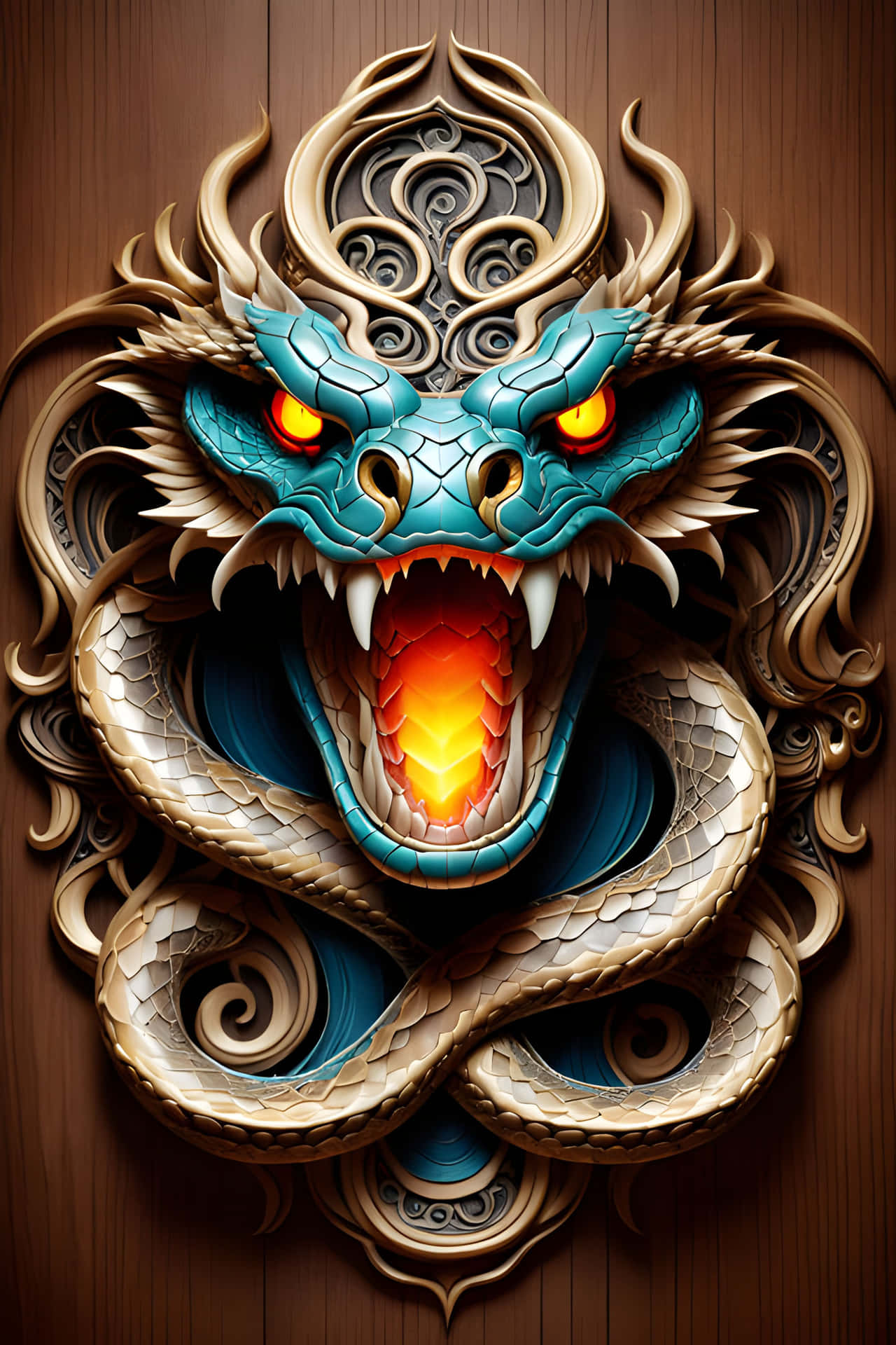 Ornate Carved Snake Head 壁紙 — 一隻兇猛的青綠色龍，帶有發光的橙色眼睛和火焰般的嘴巴，在深色木質背景上華麗地盤繞。