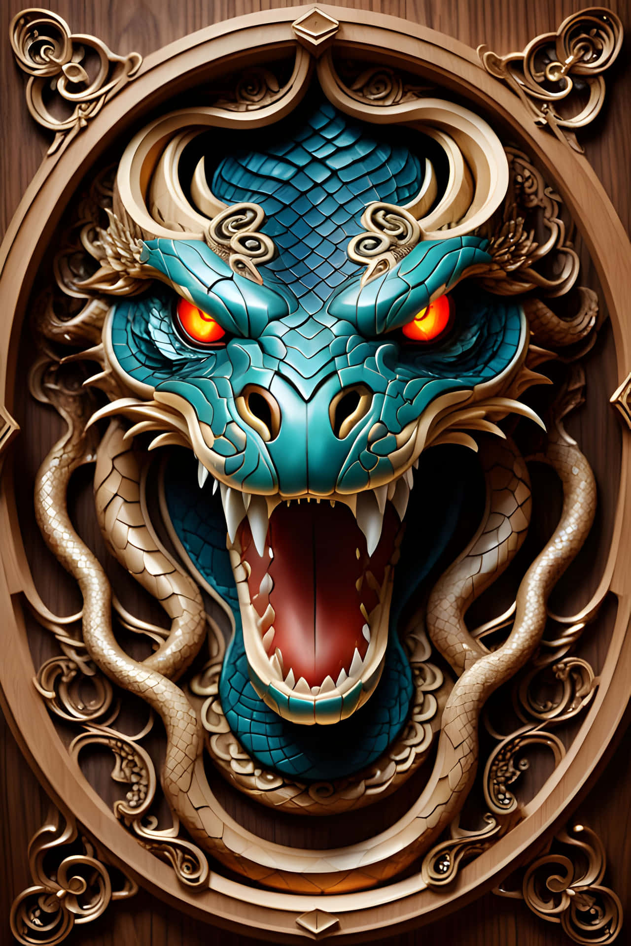 Ornate Carved Snake Head 壁紙 — 一隻兇猛的青綠色龍，帶有發光的紅色眼睛和金色華麗細節，從橢圓形木框中浮現。