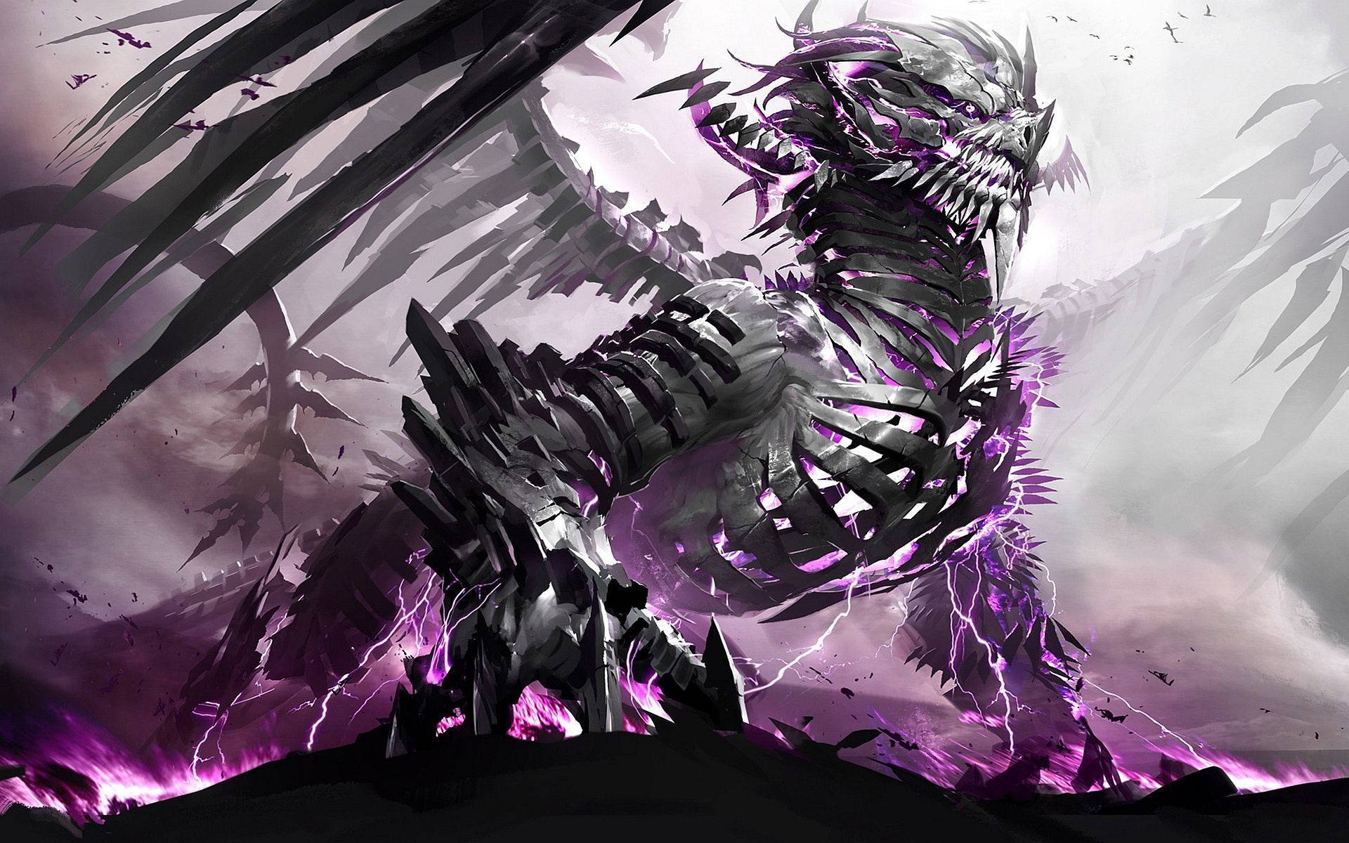 Cool Dragon 桌布 壁紙 — 一隻兇猛的骷髏龍，發光的紫色能量在其鋸齒狀的翅膀和身體周圍劈啪作響，背景是暴風雨般的紫色天空。