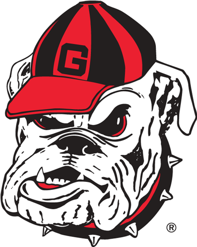 Georgia Bulldogs Logo 桌布 壁紙 — 一隻兇猛的鬥牛犬吉祥物戴著紅黑帽，上有醒目的G標誌，在風格化的卡通插圖中露出尖牙。
