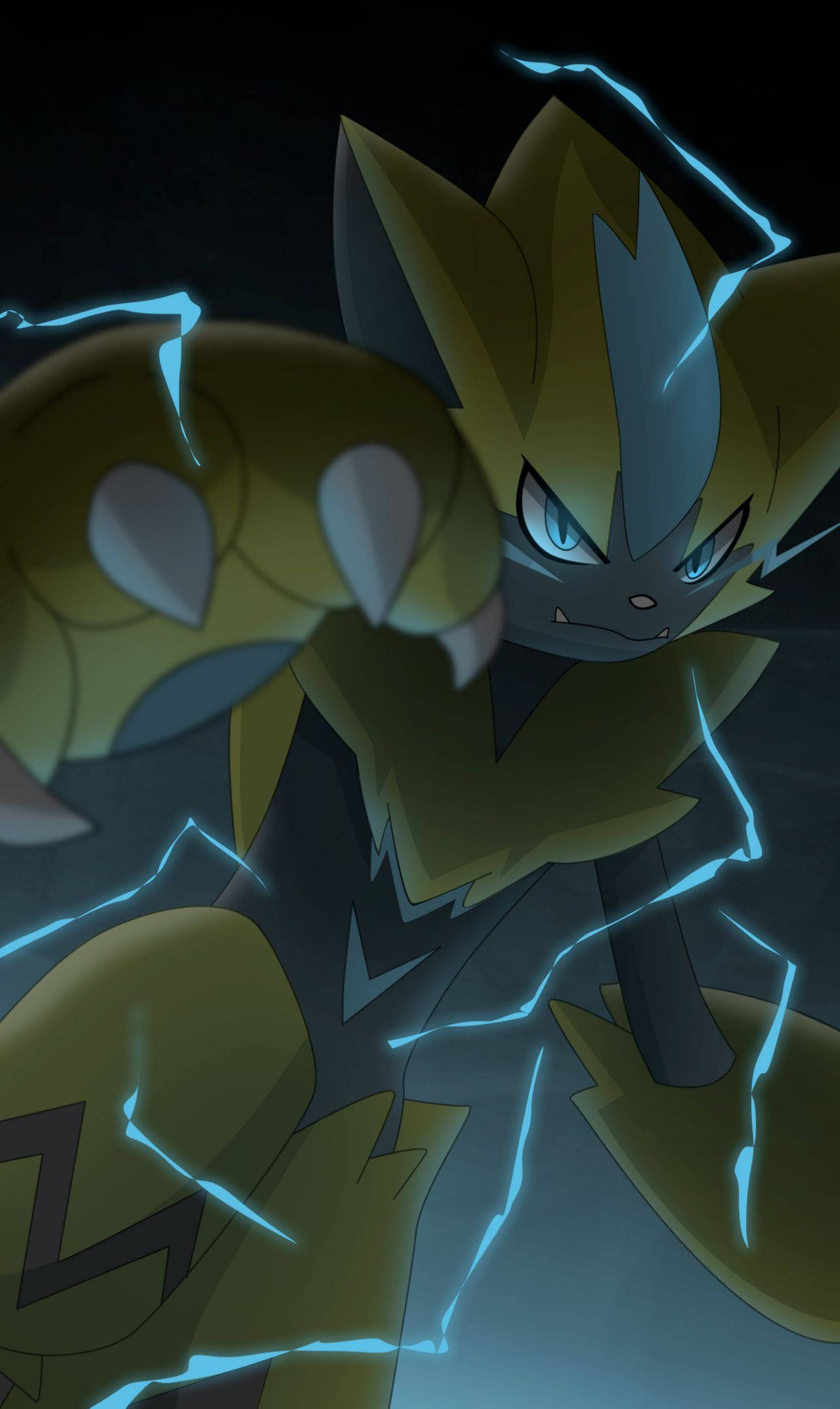 Zeraora 桌布 壁紙 — 一隻兇猛的黃灰色動畫寶可夢，藍色閃電在其握緊的拳頭和身體周圍噼啪作響。