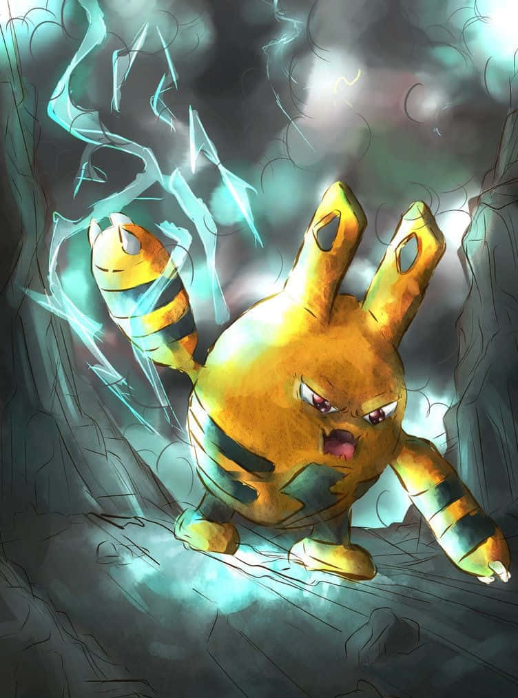 Pokemon Aesthetic 桌布 壁紙 — 一隻兇猛的黃色寶可夢帶有黑色條紋，在暴風雨的洞穴中釋放出噼啪作響的藍色閃電。