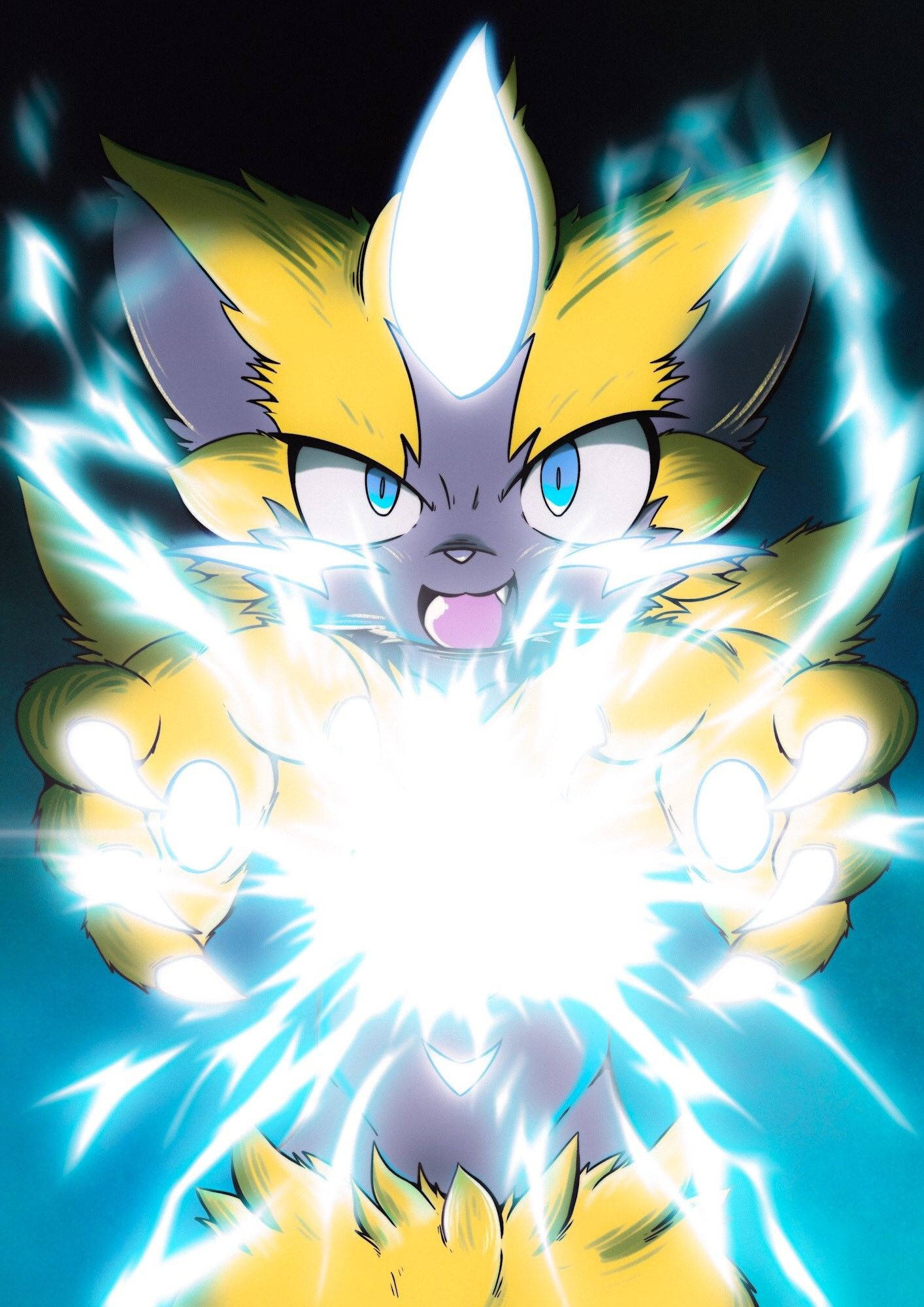 Zeraora 桌布 壁紙 — 一隻兇猛的黃色狐狸般的神奇寶貝在黑暗背景前，在牠伸展的爪子之間引導劈啪作響的藍色閃電。
