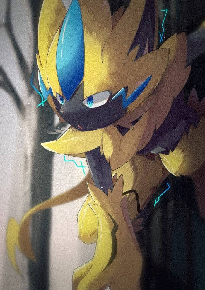 Zeraora 桌布 壁紙 — 一隻兇猛的黃藍色動漫狐狸，眼睛發光，身體周圍有電火花。