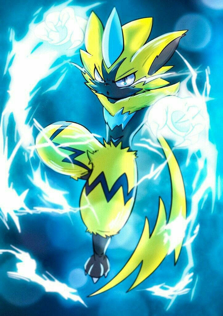 Zeraora 桌布 壁紙 — 一隻兇猛的黃藍色電屬性寶可夢，被劈啪作響的閃電包圍，背景是發光的藍色。