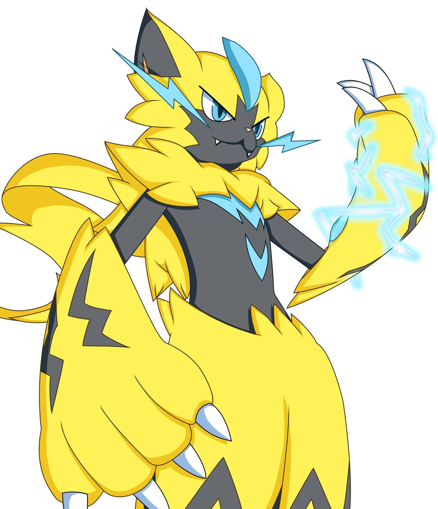Zeraora 桌布 壁紙 — 一隻兇猛的黃黑配色雷電主題寶可夢，帶有藍色點綴，舉起的爪子周圍有劈啪作響的能量。