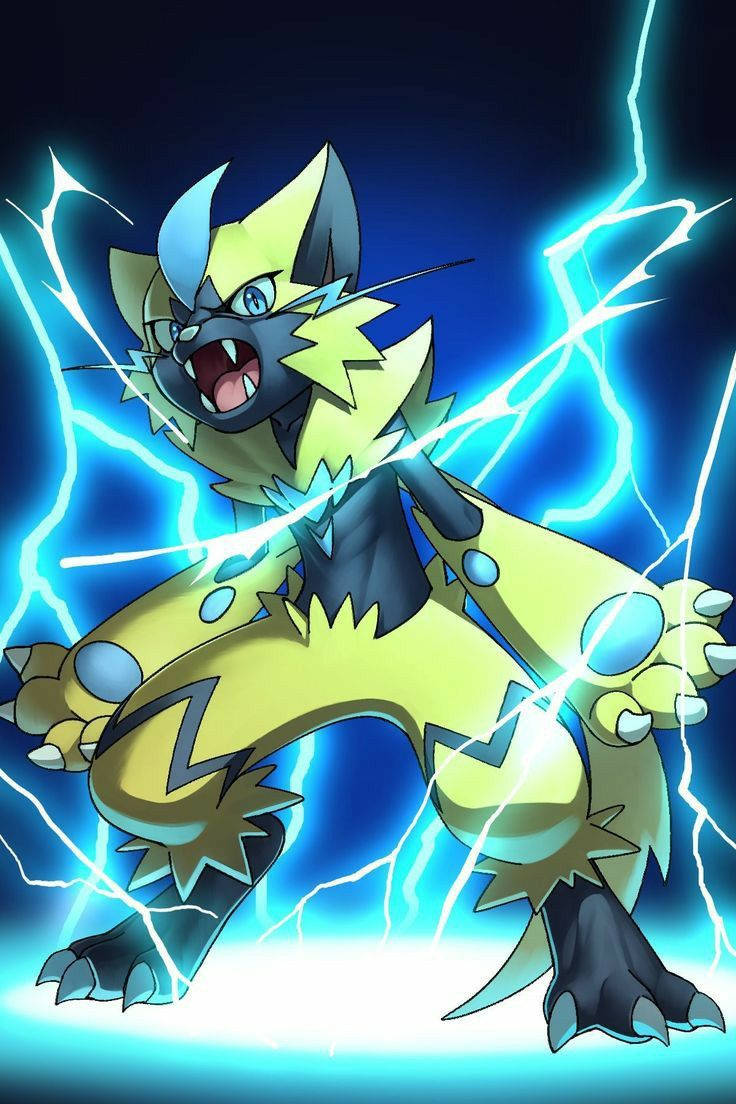Zeraora 桌布 壁紙 — 一隻兇猛的黃黑閃電主題寶可夢在黑暗背景中，伴隨著噼啪作響的藍色電能咆哮。