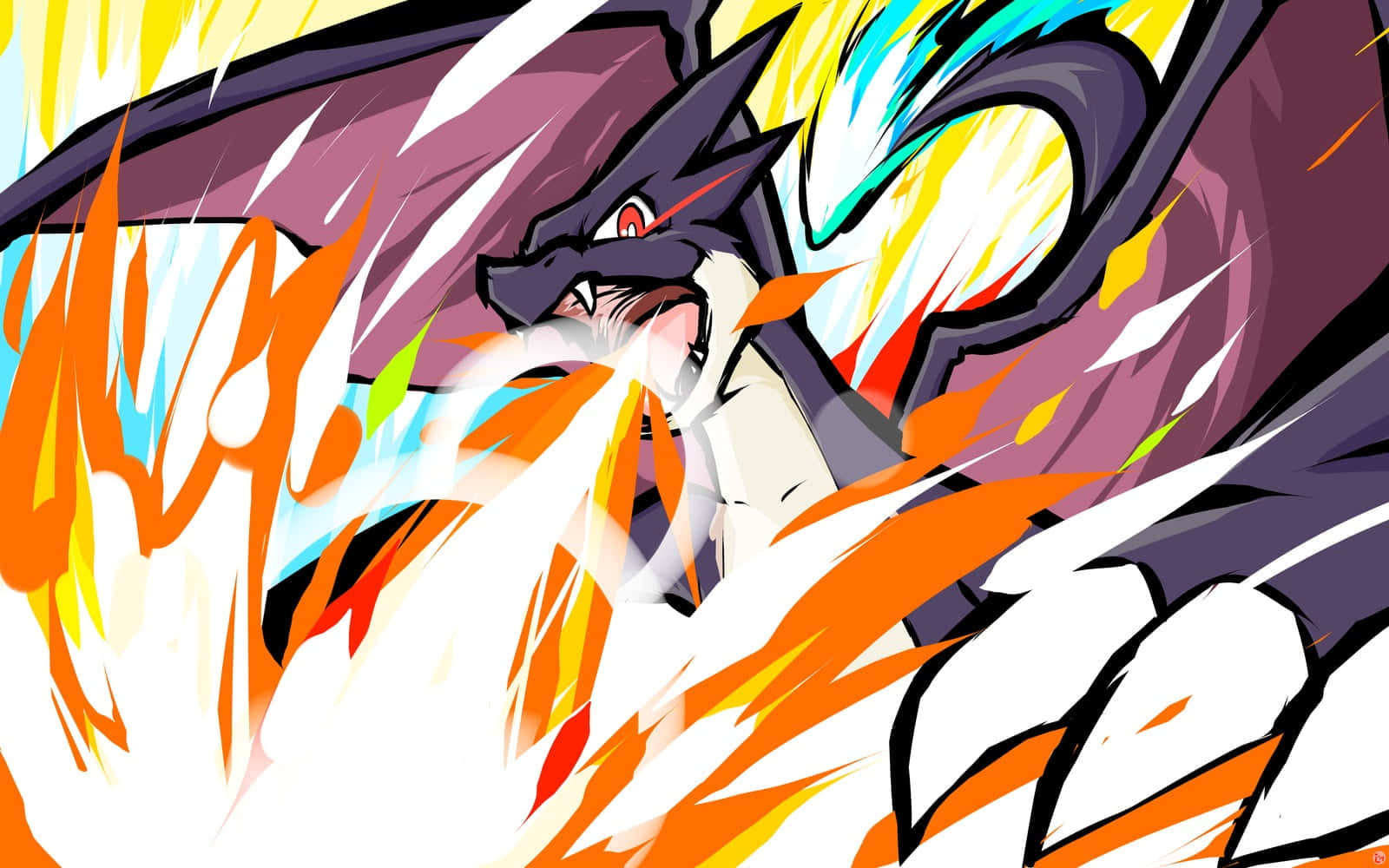 Pokemon Charizard 桌布 壁紙 — 一隻兇猛的黑暗巨龍在動態的動漫風格戰鬥場景中釋放出熾熱的能量洪流。