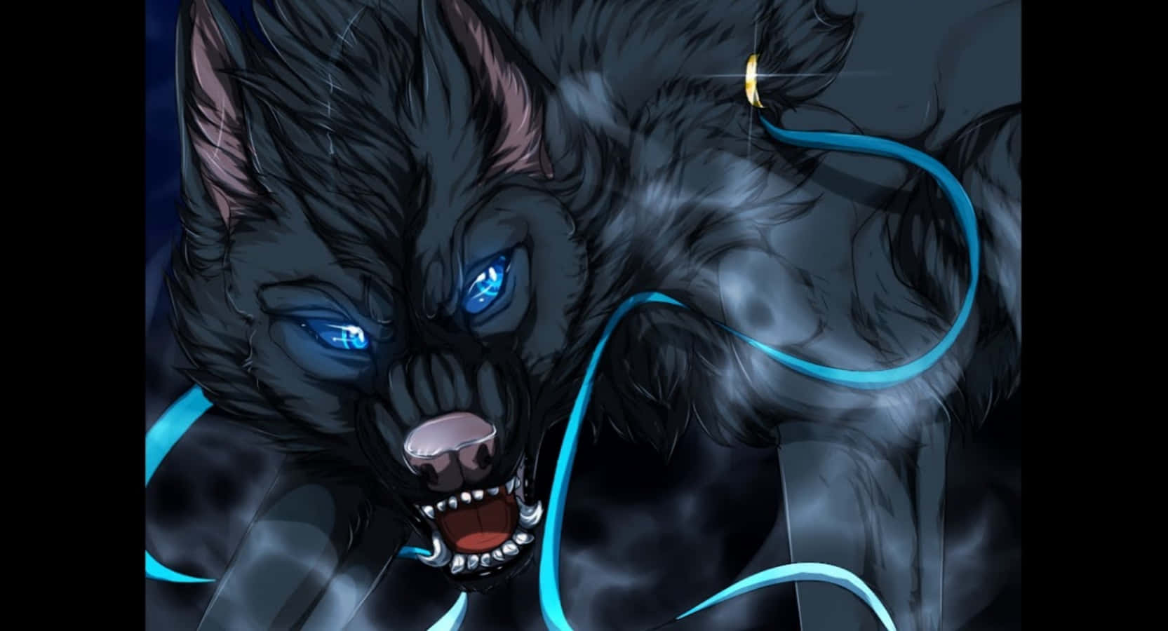 anime wolf 桌布 壁紙 — 一隻兇猛的黑狼，眼睛發出藍光，電藍色的能量在牠周圍劈啪作響，發出威脅性的咆哮。