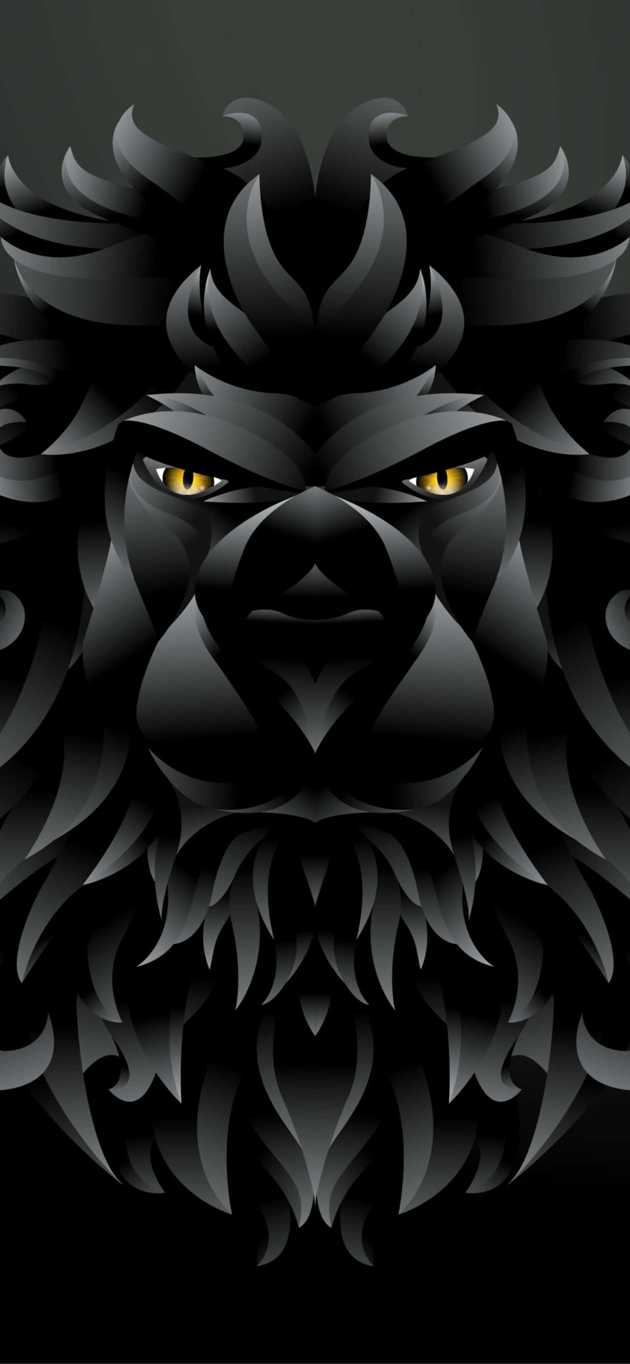 Black And White Lion 桌布 壁紙 — 一隻兇猛的黑獅子，有著發光的黃色眼睛，在黑暗背景下強烈凝視。