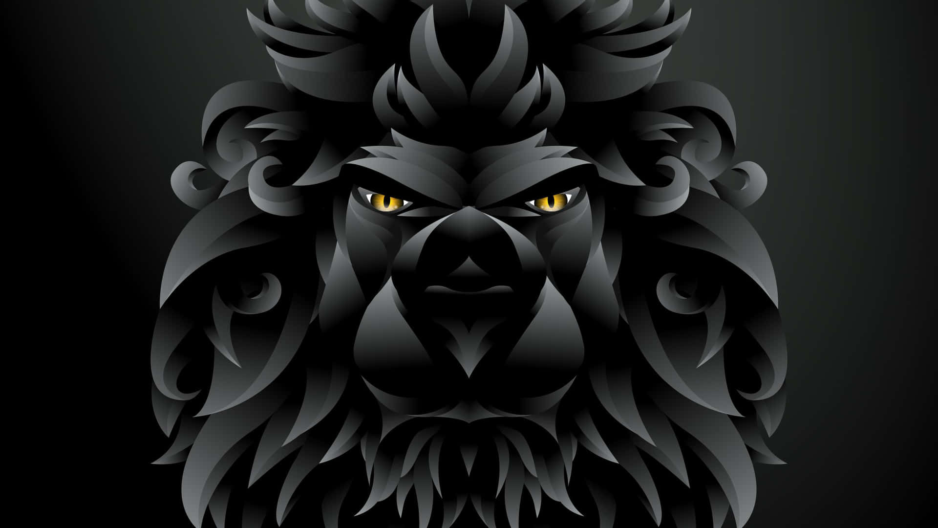 Black Lion 桌布 壁紙 — 一隻兇猛的黑獅子，有著發光的黃色眼睛，在深色漸變背景上強烈凝視。