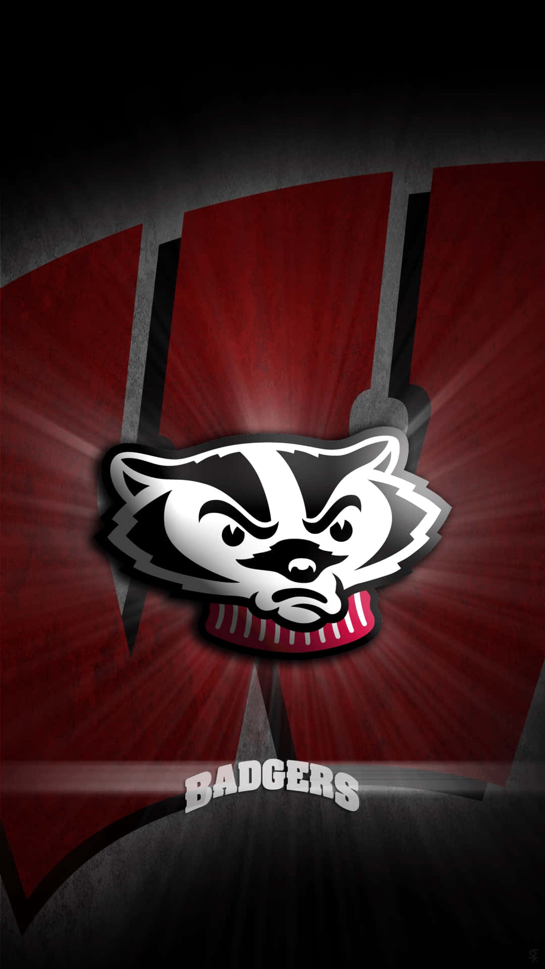 Wisconsin Badgers 桌布 壁紙 — 一隻兇猛的黑白獾吉祥物，戴著紅色圍巾，位於大膽的紅黑「W」背景中央，散發出光芒。