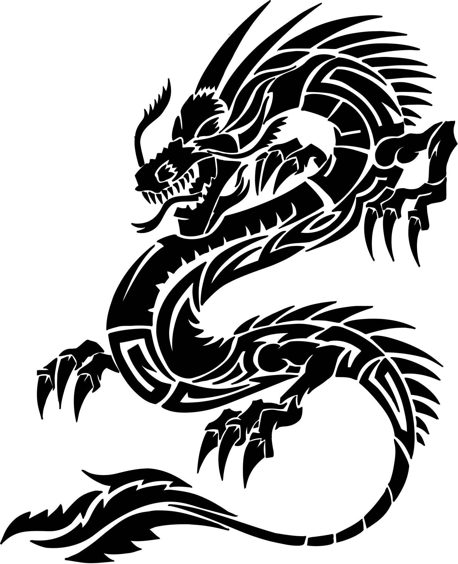 Japanese Dragon Tattoo 桌布 壁紙 — 一隻兇猛的黑白部落龍，擁有鋒利的爪子和飄逸的鬃毛，在純白背景上動態盤繞。