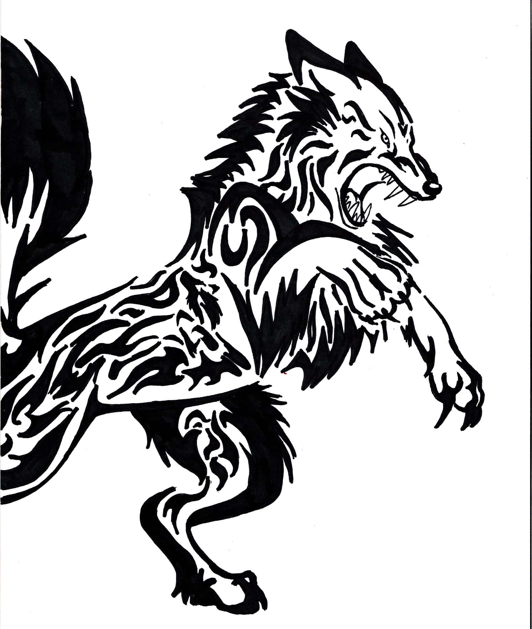 Tribal Wolf 桌布 壁紙 — 一隻兇猛的黑白風格化狼，帶有鋒利的爪子和飄逸的毛髮，在動態的部落插圖中嚎叫。