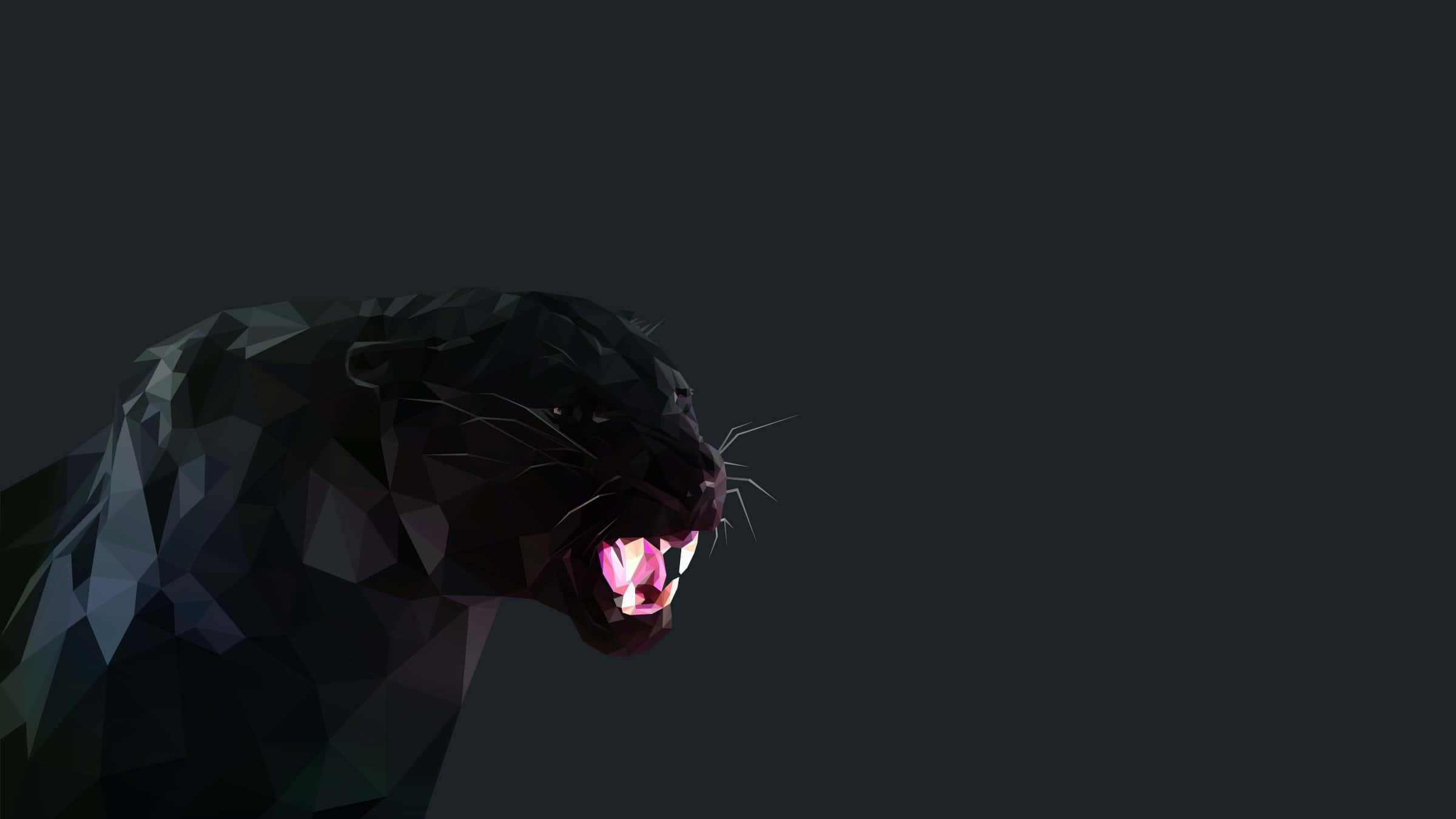 Cute Black Panther 桌布 壁紙 — 一隻兇猛的黑豹，帶有發光的粉紅色牙齒，在黑暗的幾何低多邊形風格中咆哮。