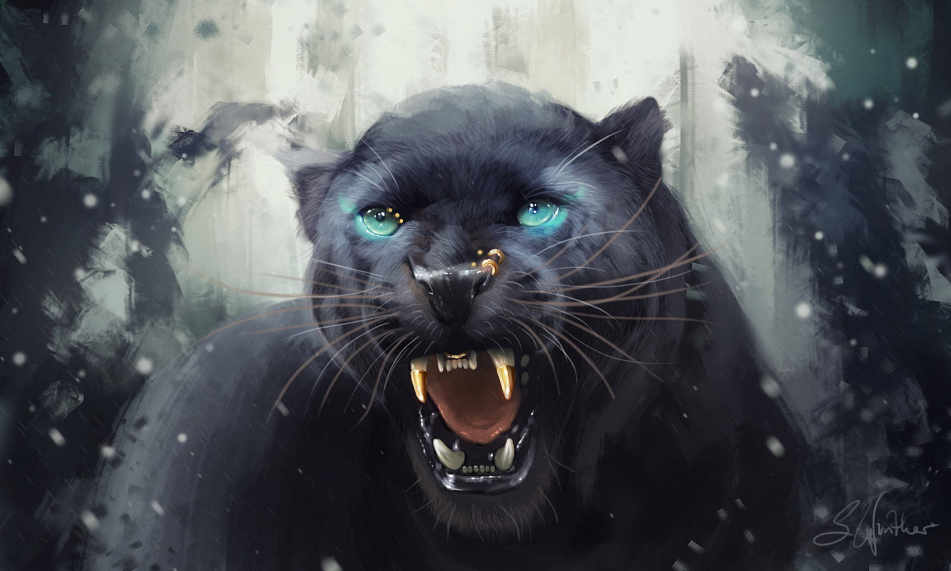 panther 桌布 壁紙 — 一隻兇猛的黑豹，擁有發光的綠松石色眼睛，在暴風雪灰色的背景下，在飄落的雪中咆哮。