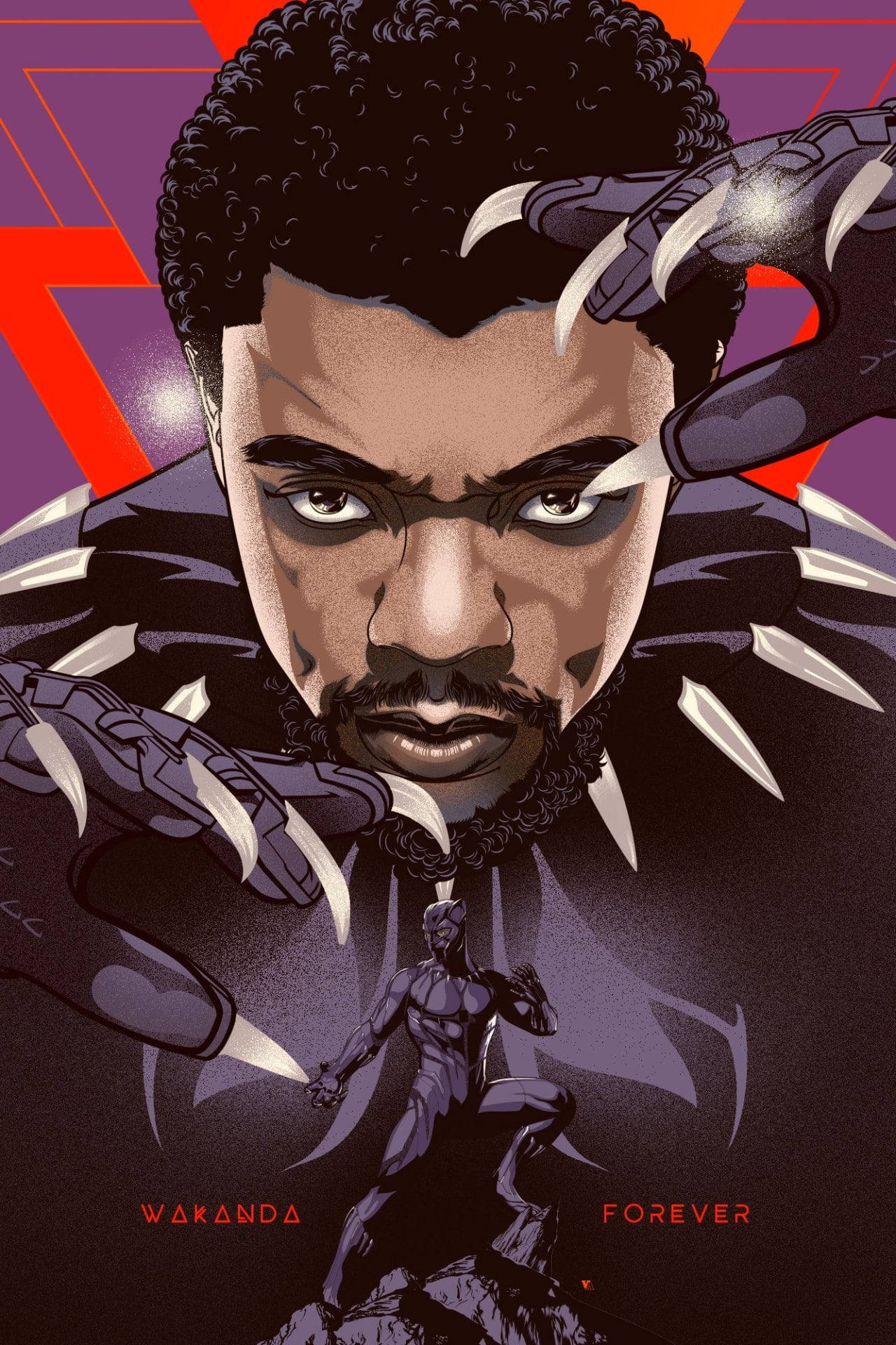 Wakanda 桌布 壁紙 — 一隻兇猛的黑豹向前凝視，雙眼發光，爪子般的手框住他的臉，背景是大膽的紫色和紅色幾何圖案。