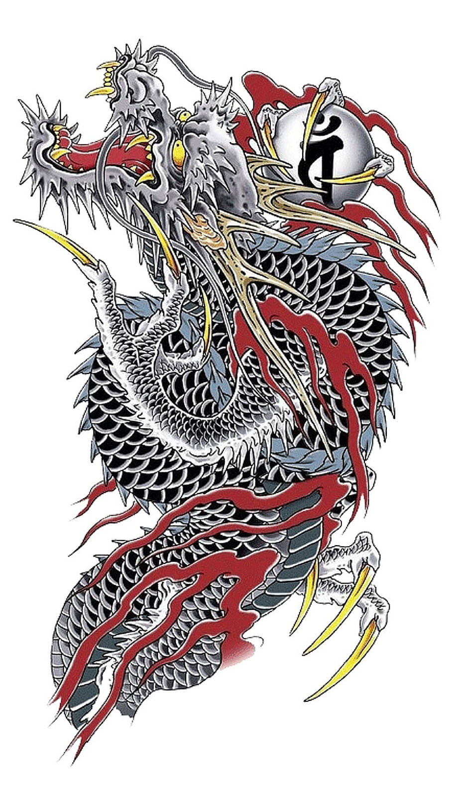 Japanese Dragon Tattoo 桌布 壁紙 — 一隻兇猛的黑銀色龍，帶有紅色火焰和黃色爪子，纏繞著一個發光的球體。