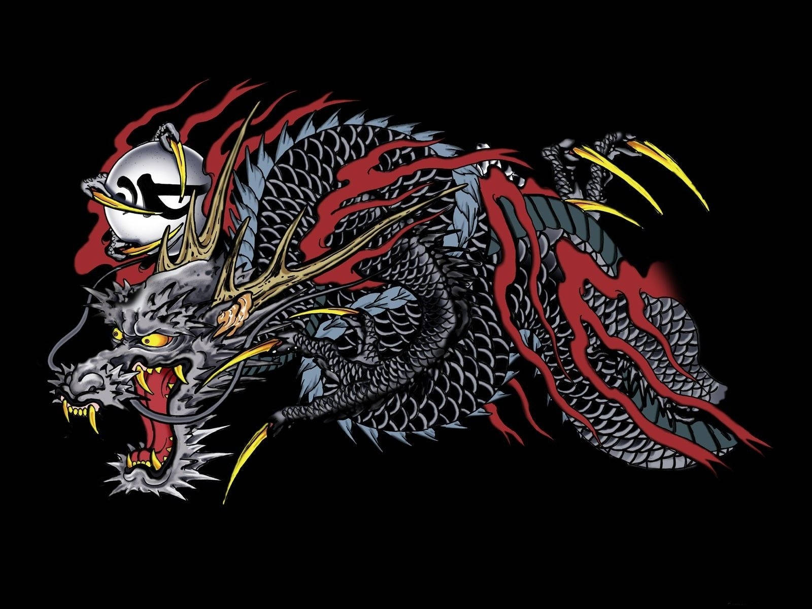 龍 桌布 壁紙 — 一隻兇猛的黑龍，帶有紅色火焰和黃色爪子，在純黑背景上咆哮。
