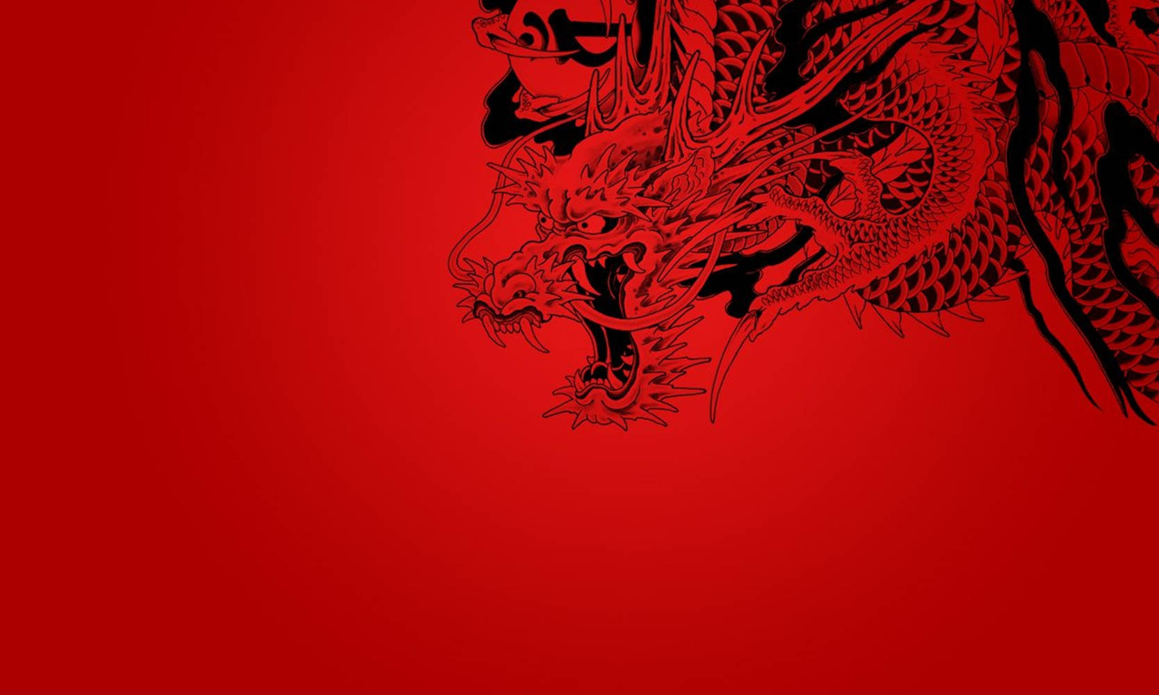 龍 桌布 壁紙 — 一隻兇猛的黑龍，帶有複雜的鱗片和鋒利的爪子，從右上角出現在大膽的紅色漸變背景上。