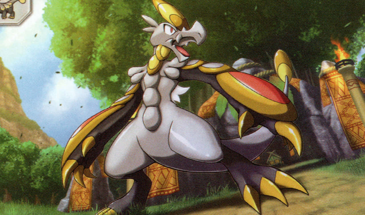 Pokemon Aesthetic 桌布 壁紙 — 一隻兇猛的龍系寶可夢，穿著金色和灰色的盔甲，在森林空地靠近古老石柱咆哮。