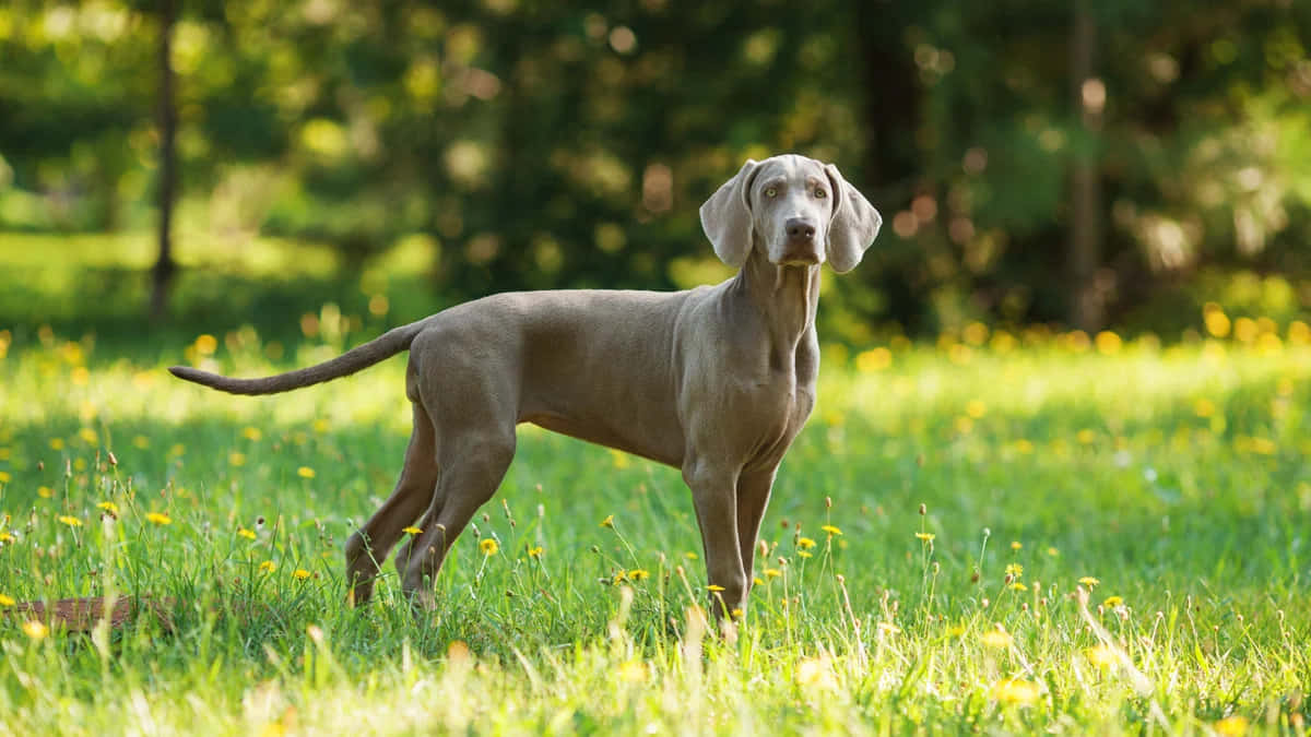 Weimaraner 桌布 壁紙 — 一隻光滑的灰色威瑪獵犬在陽光明媚、點綴著黃色蒲公英和茂盛綠草的草地上警覺地站立。
