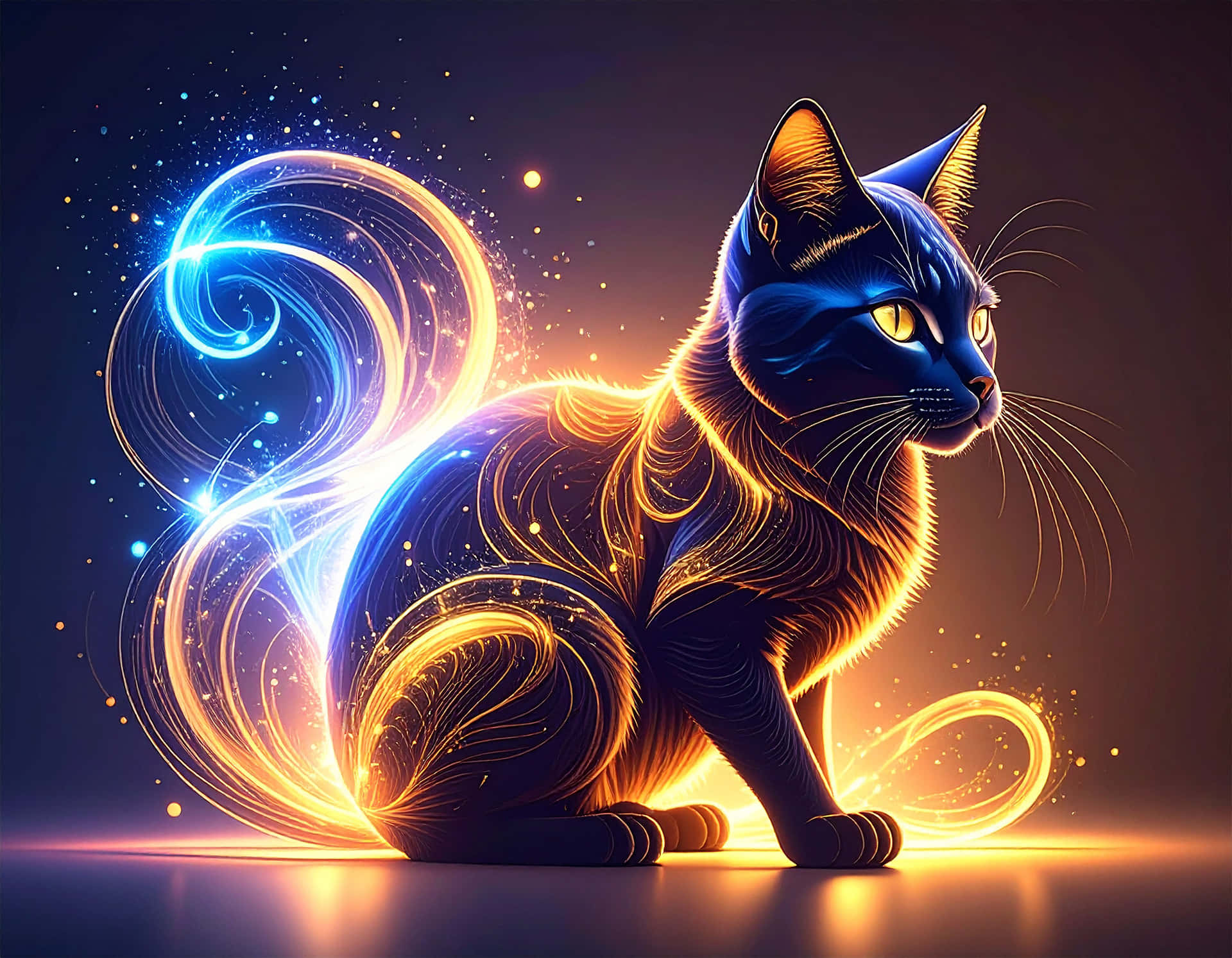 Black Cat 壁紙 — 一隻光滑的藍貓帶有發光的金色輪廓，坐姿優雅，尾巴後方有旋轉的宇宙能量軌跡，在黑暗的星空背景下弧線延伸。