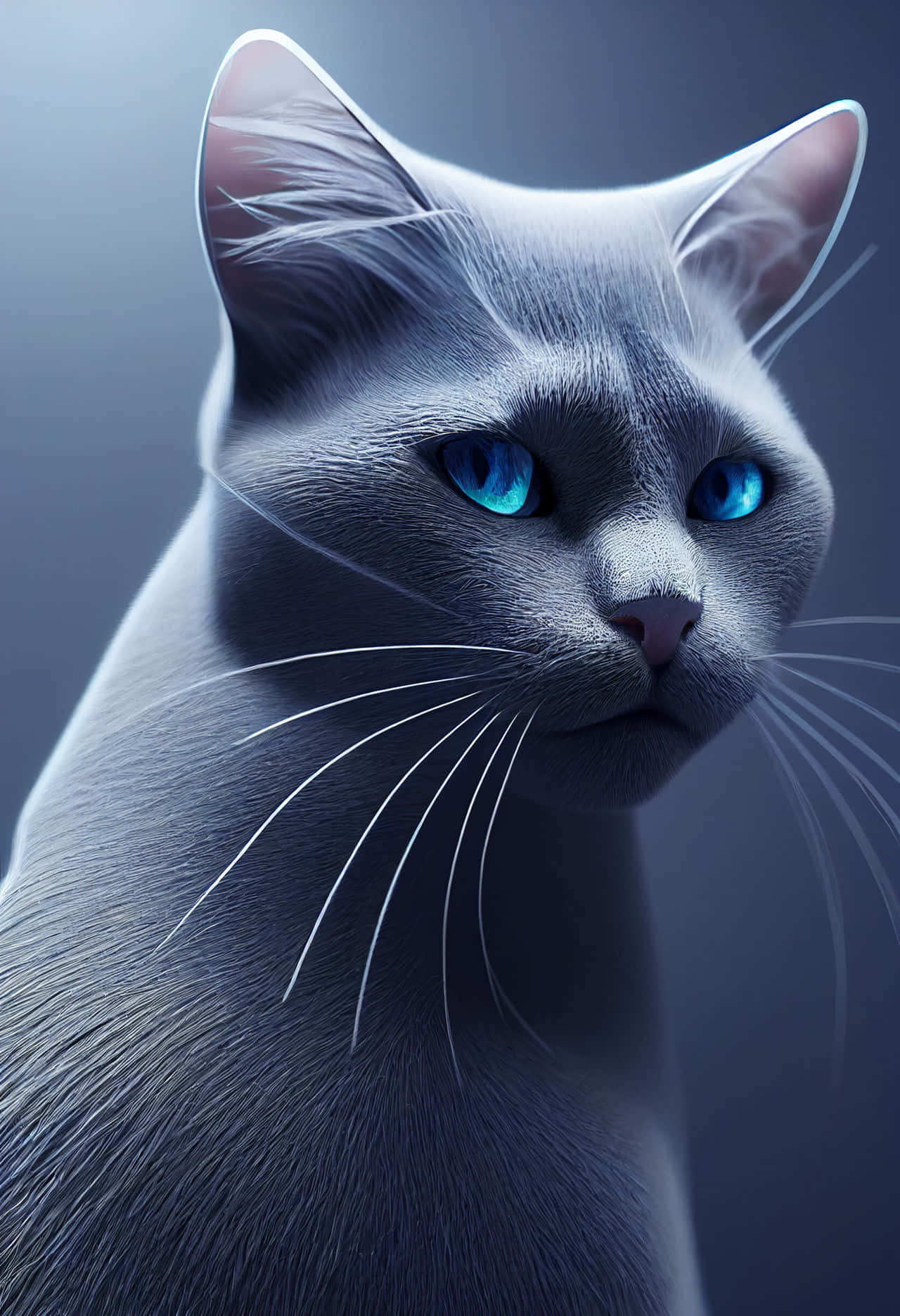 Russian Blue Cat 桌布 壁紙 — 一隻光滑的銀色貓咪特寫，擁有發光的藍色眼睛，背景為柔和的漸變色。