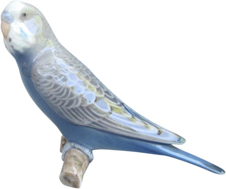 budgie 桌布 壁紙 — 一隻光滑的陶瓷虎皮鸚鵡雕像棲息在樹枝上，背景是純黑色。