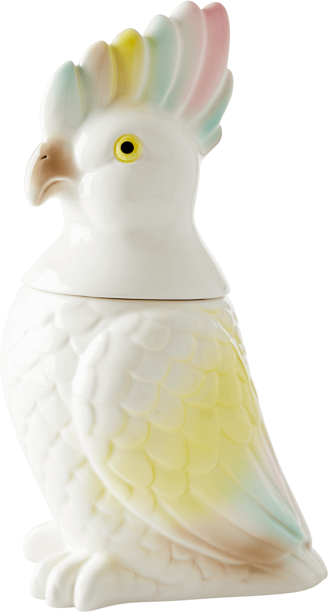 鳥 桌布 壁紙 — 一隻光滑的陶瓷鳳頭鸚鵡公仔，帶有粉彩彩虹冠和黃色眼睛，在純黑背景上擺出姿勢。