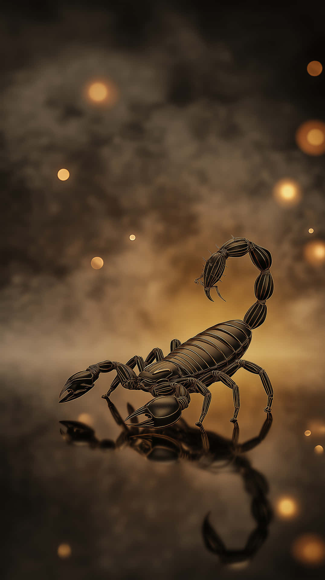 Ultra-Detailed Metallic Scorpion on Reflective Surface 壁紙 — 一隻光滑的黑色蠍子站在反光表面上，背景是煙霧般的金色和發光的球體。