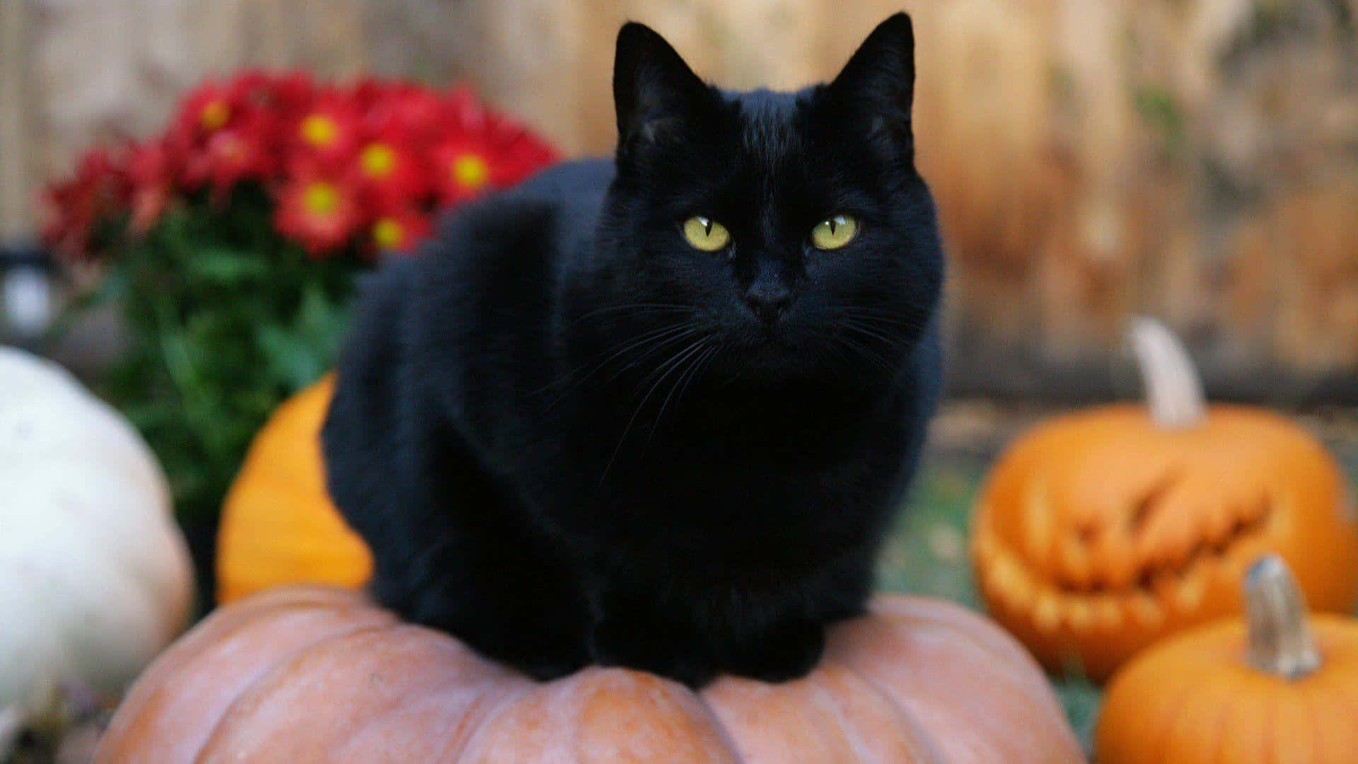 Black Cat Halloween 桌布 壁紙 — 一隻光滑的黑貓，有著發光的黃色眼睛，威嚴地棲息在一個南瓜上，周圍環繞著秋季的葫蘆和紅色菊花。
