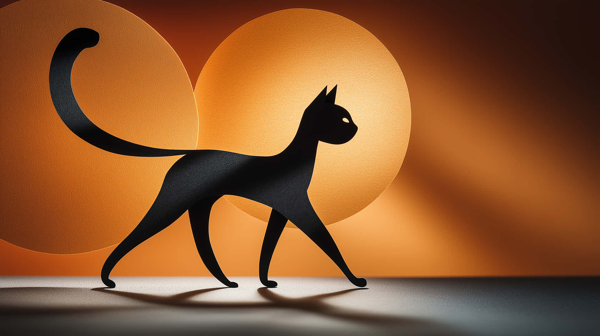 Walking Feline Silhouette in Paper Cutout Style 壁紙 — 一隻光滑的黑貓剪影在溫暖的橙色漸變背景和柔和發光球體中優雅地行走。