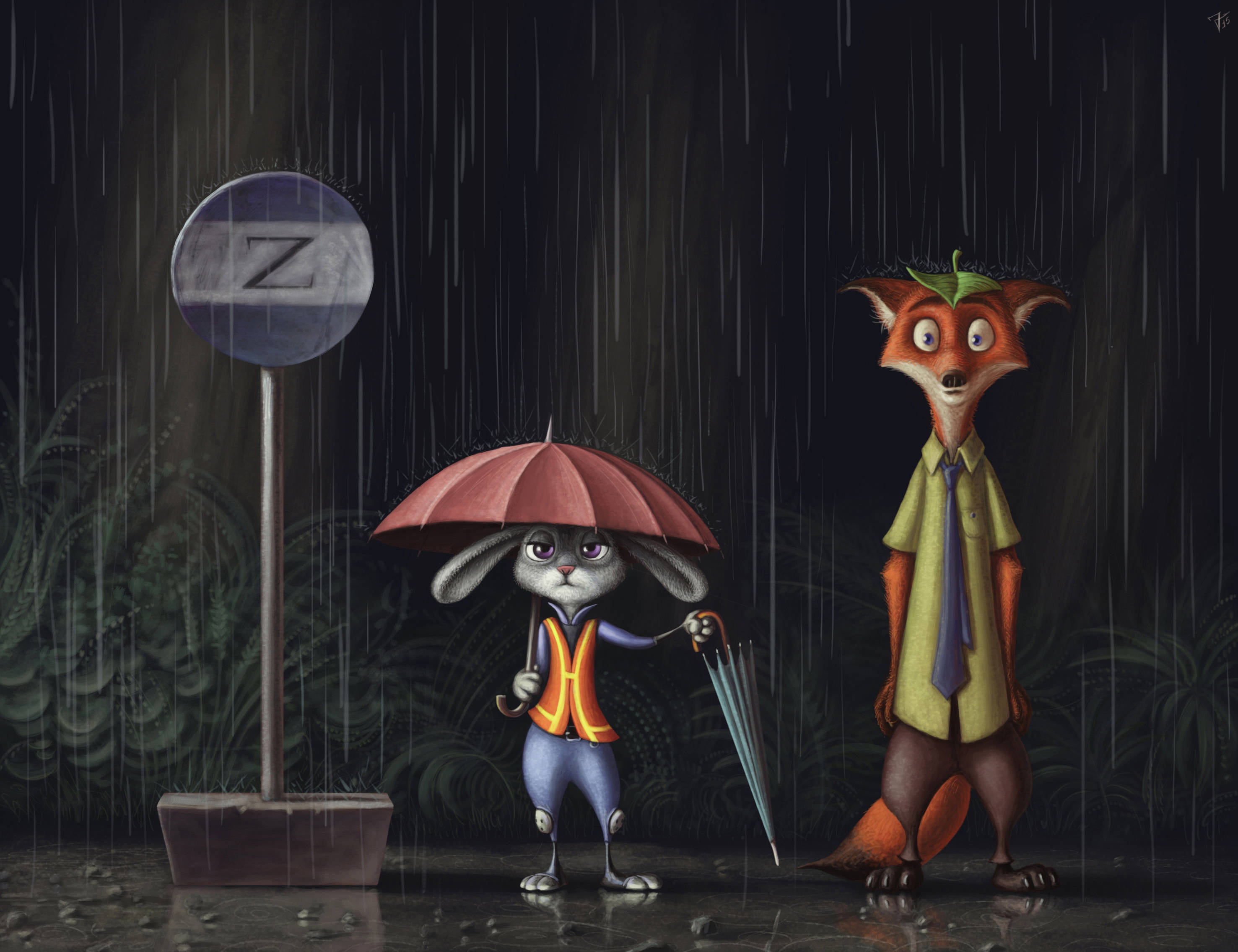Judy Hopps 桌布 壁紙 — 一隻兔子和狐狸在黑暗陰鬱的森林場景中，站在紅色雨傘下，靠近公車站牌，淋著雨。
