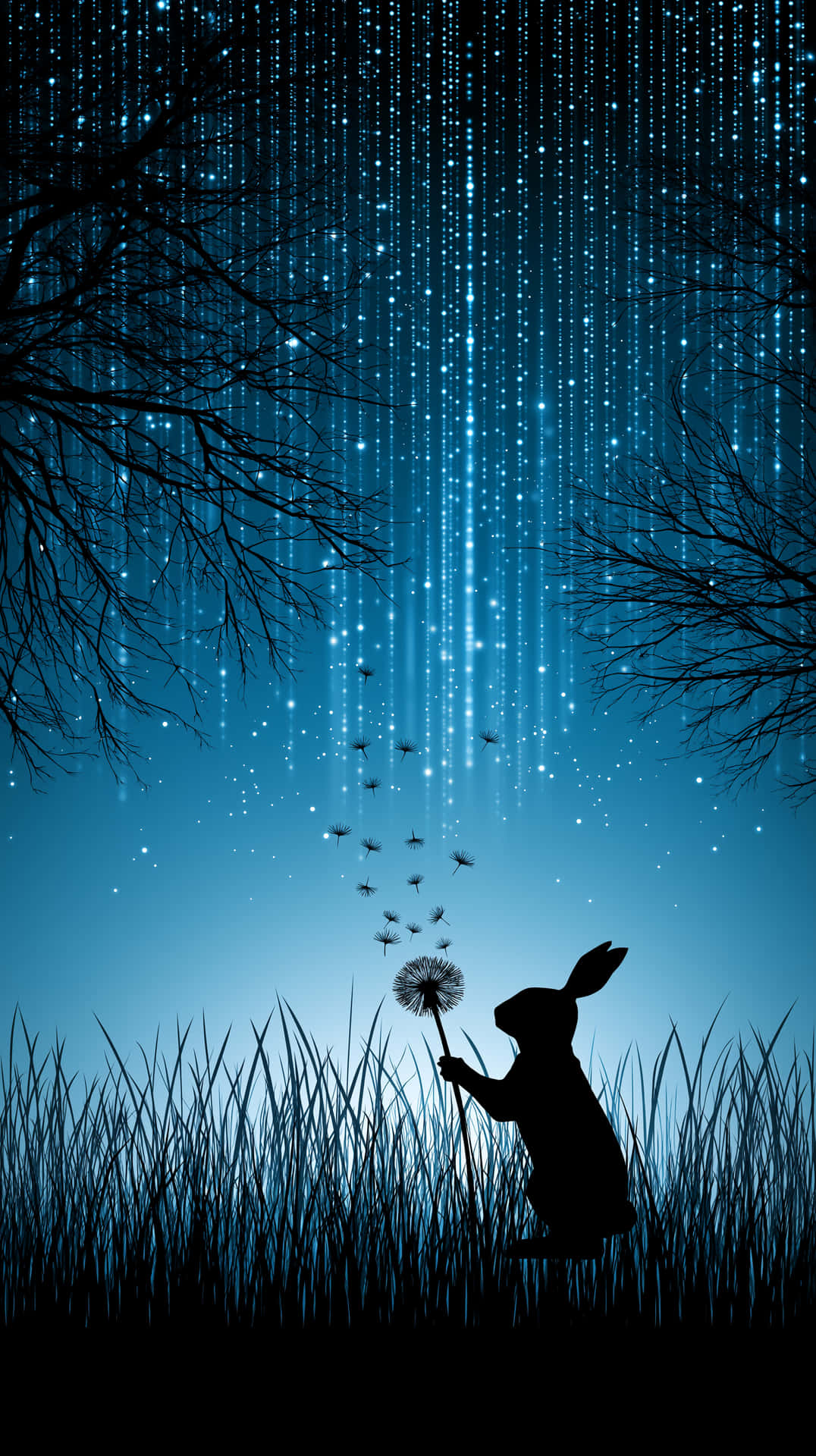 Rabbit Silhouette with Dandelion Under Sparkling Night Sky 壁紙 — 一隻兔子的剪影拿著蒲公英，發光的藍色粒子在光禿的樹枝之間落下。